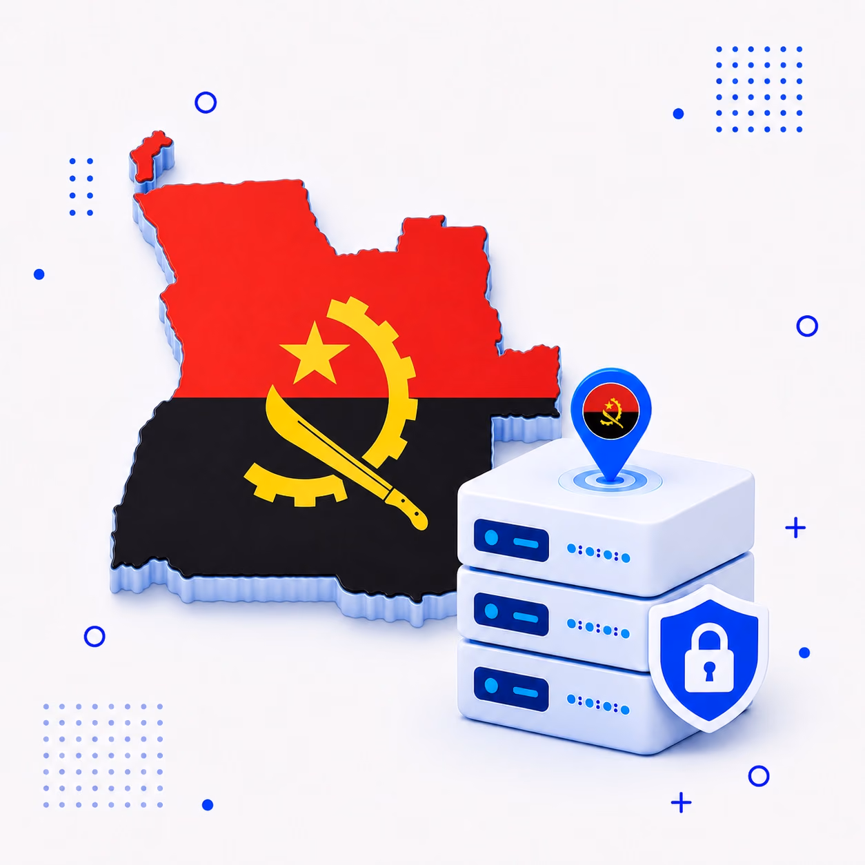 3D flag-covered outline of Angola beside VPN servers and a blue privacy shield