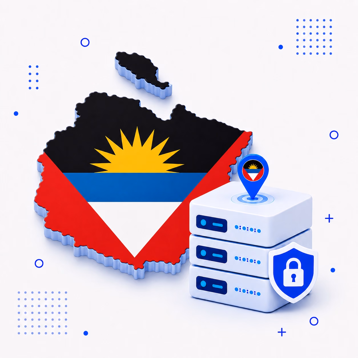 VPN for Antigua and Barbuda 3D map of Antigua and Barbuda with national colors, protected servers, and a security shield