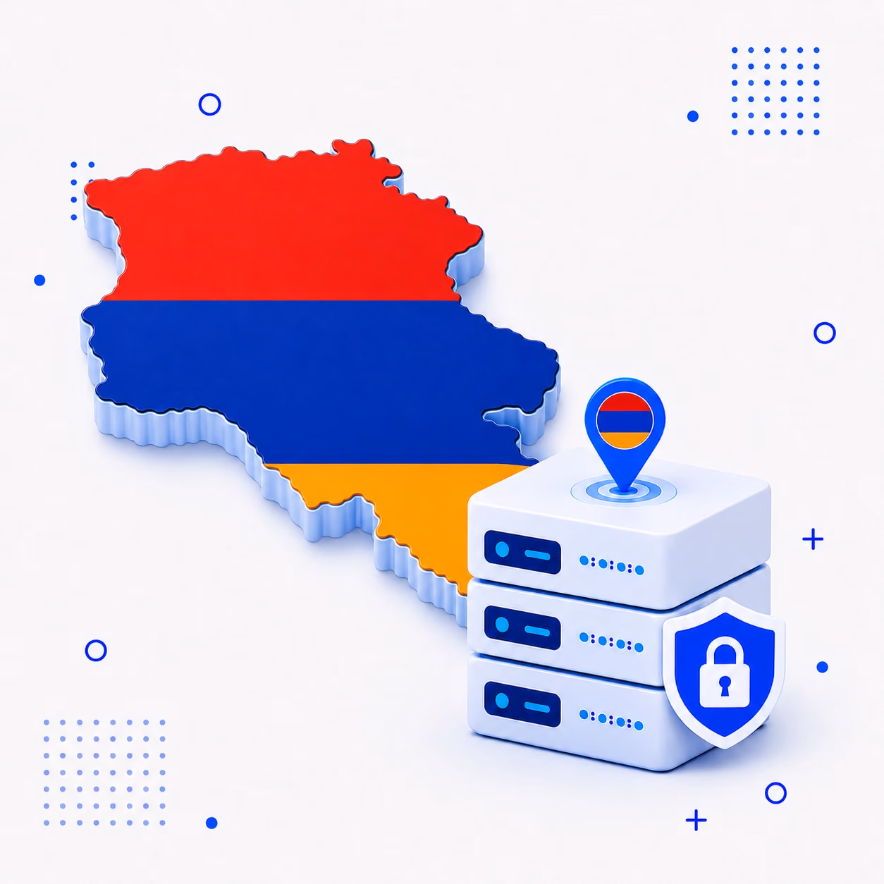 VPN for Armenia 3D map of Armenia colored with the national flag next to secure VPN equipment