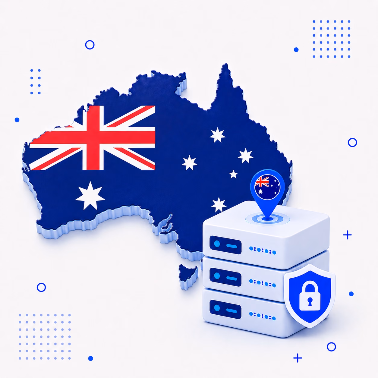 VPN for Australia Three-dimensional Australian map with national flag colors and protected VPN servers