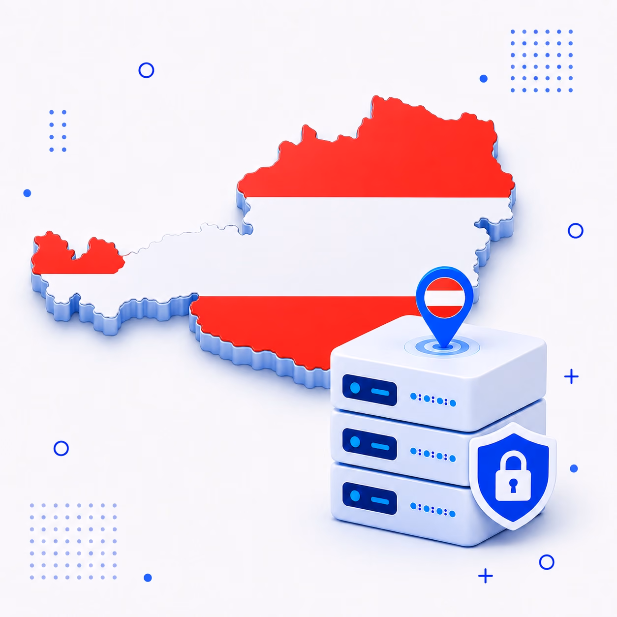 VPN for Austria 3D map of Austria in red and white beside encrypted VPN server hardware