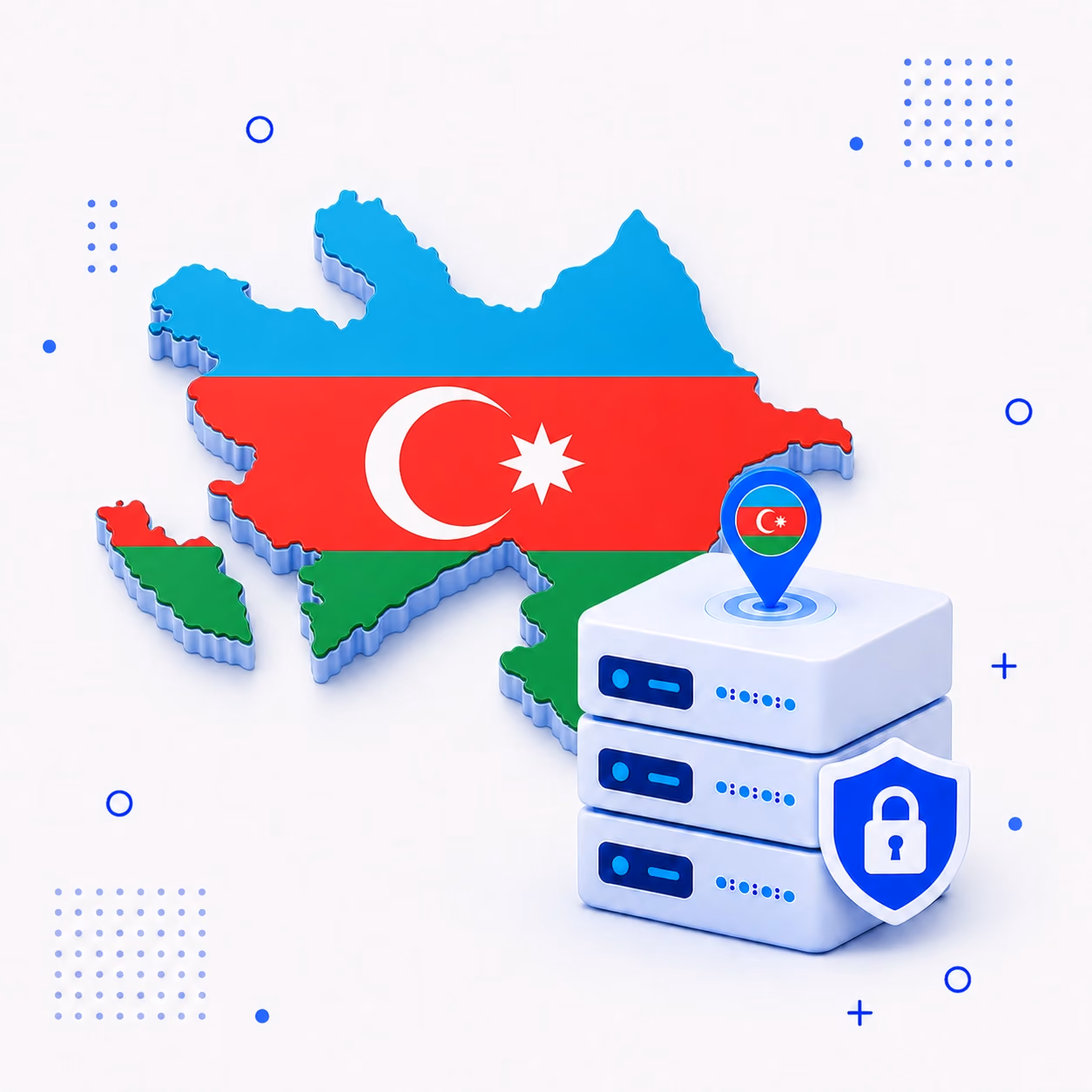 VPN for Azerbaijan Three-dimensional map of Azerbaijan in national colors with secure VPN servers and a shield