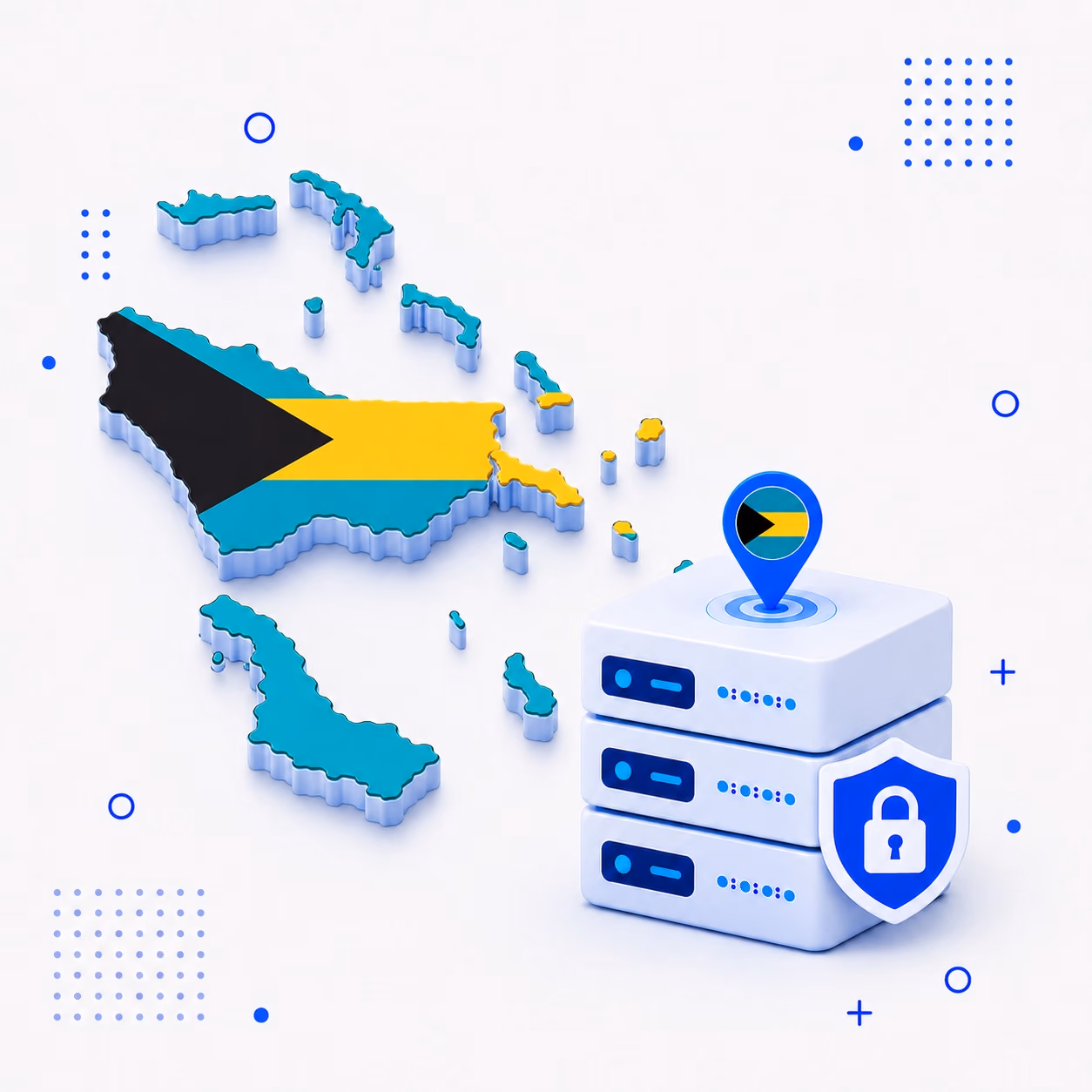 Three-dimensional map of the Bahamas in national colors beside protected VPN server equipment