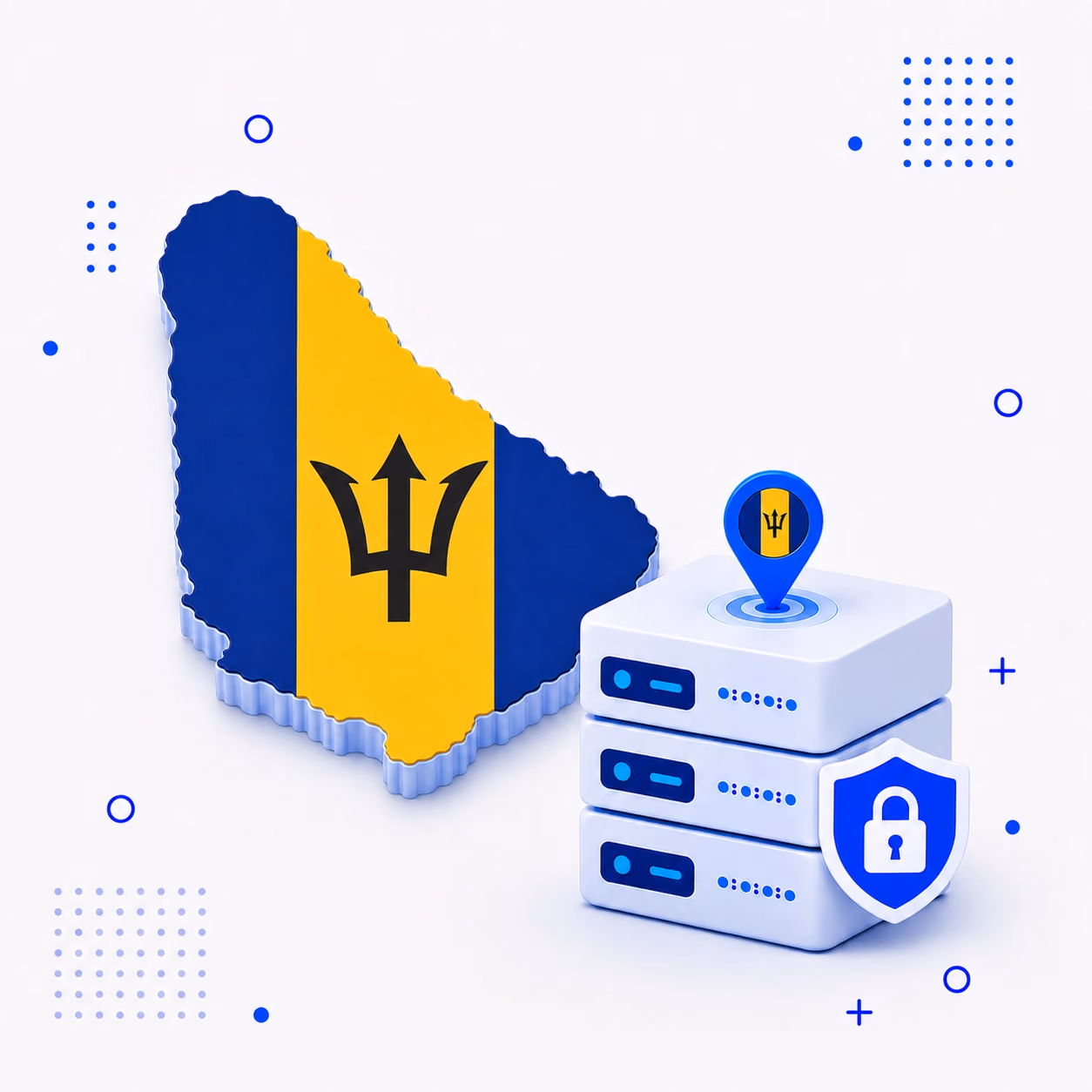 VPN for Barbados 3D map of Barbados in blue and gold beside protected VPN servers and a lock