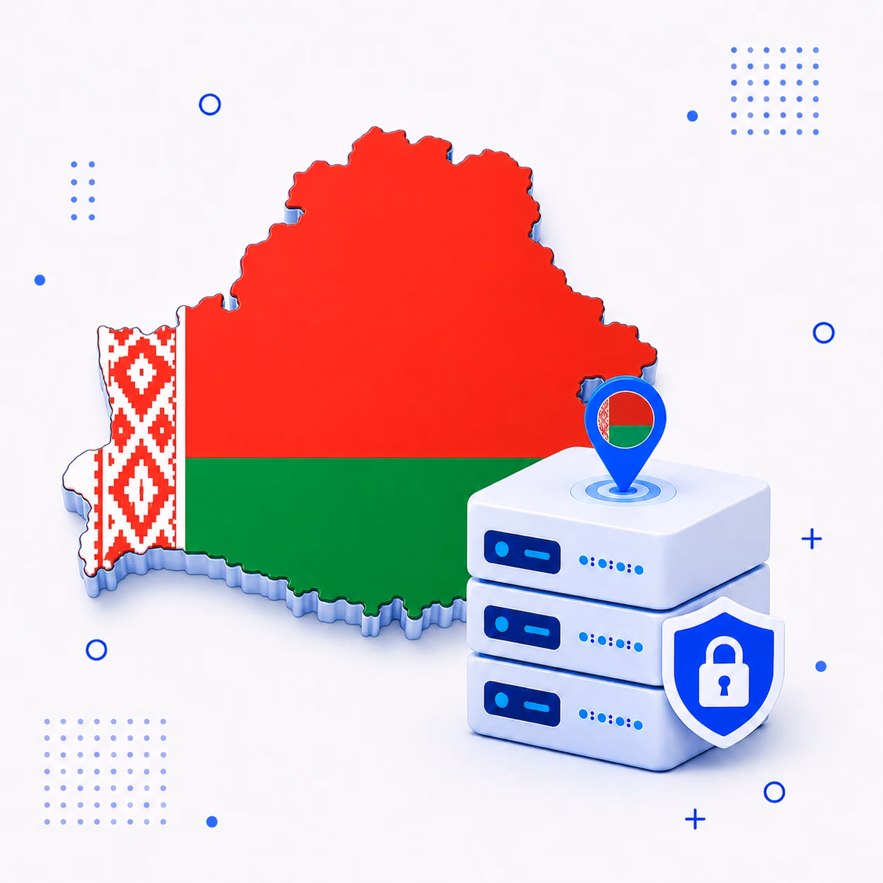 VPN for Belarus Three-dimensional outline of Belarus with national colors beside secure VPN hardware
