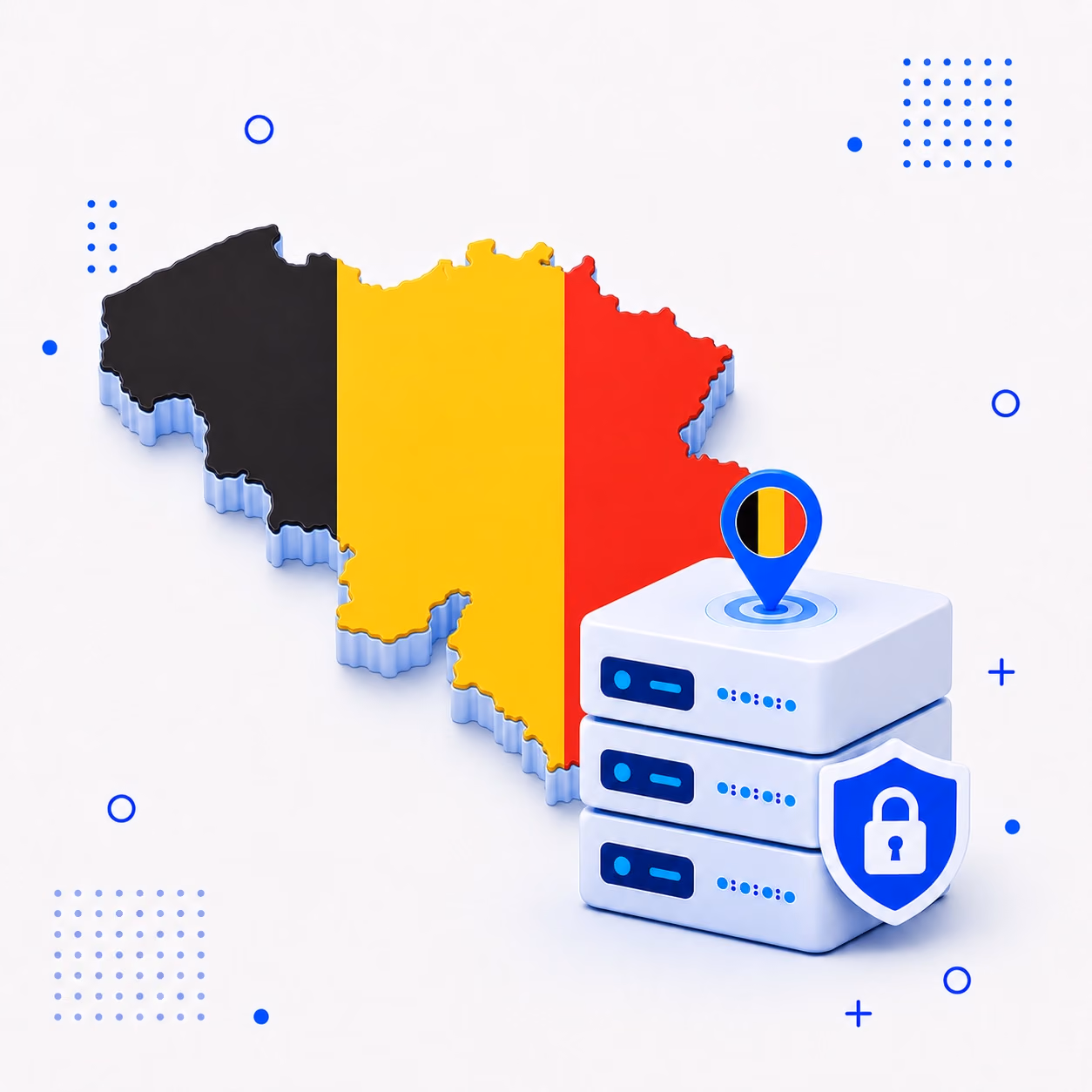 VPN for Belgium Three-dimensional map of Belgium in black yellow and red beside protected VPN server equipment