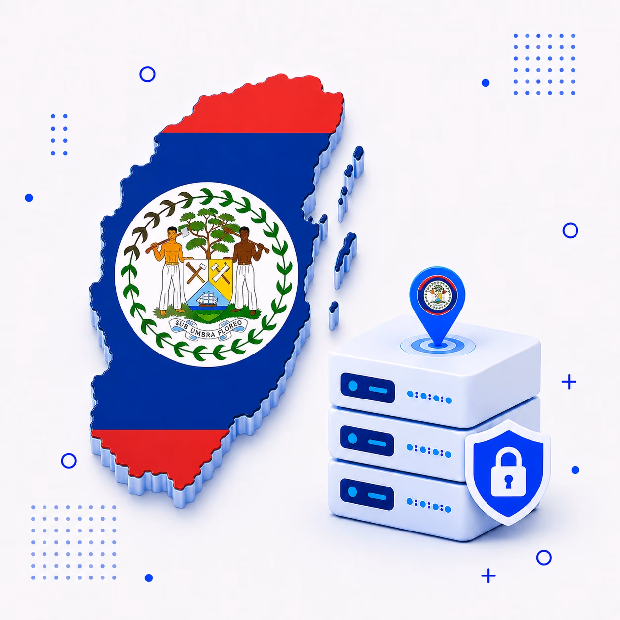 Three-dimensional Belize map in national flag colors beside secure VPN servers and a privacy shield