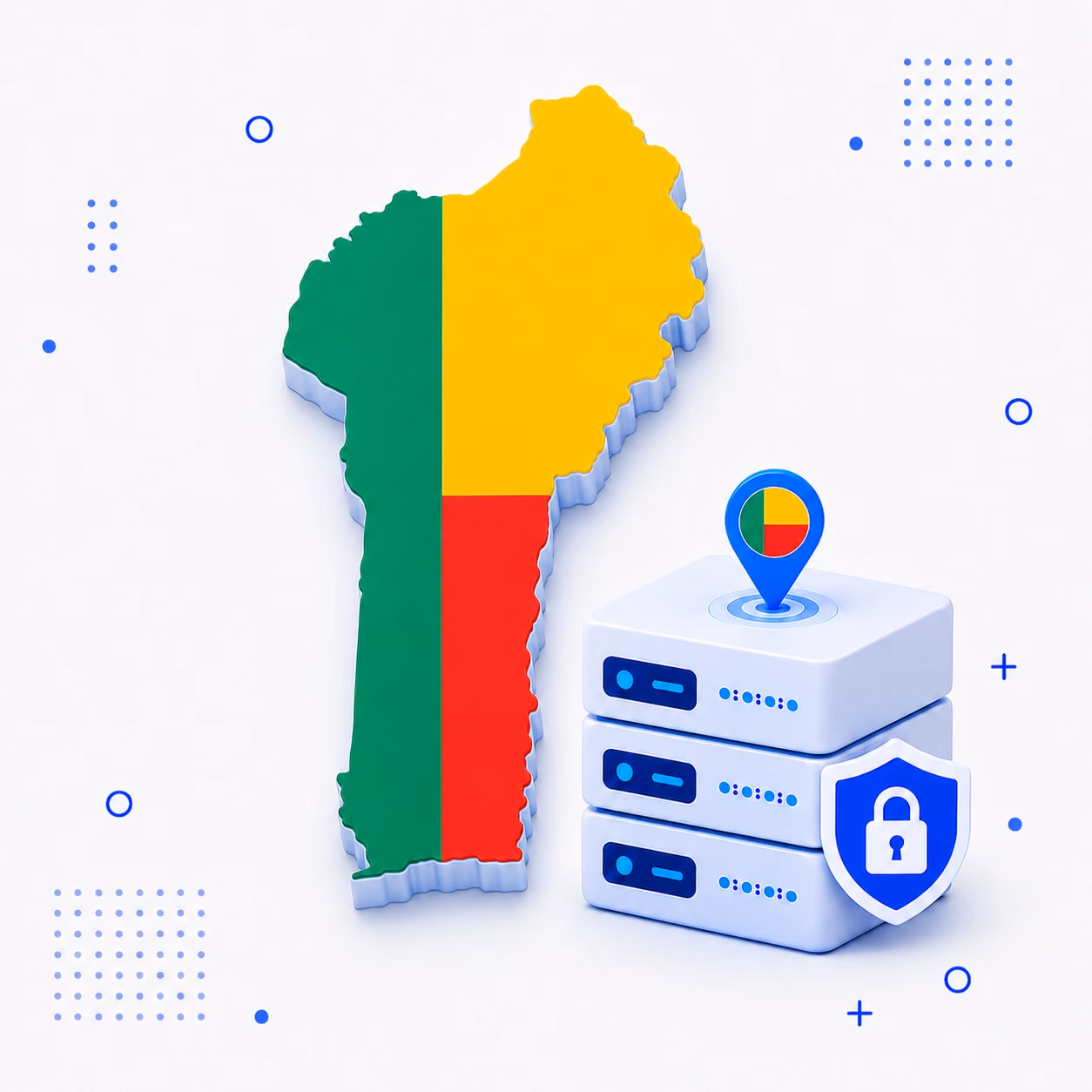 VPN for Benin Three-dimensional outline of Benin in green yellow and red with protected VPN server hardware