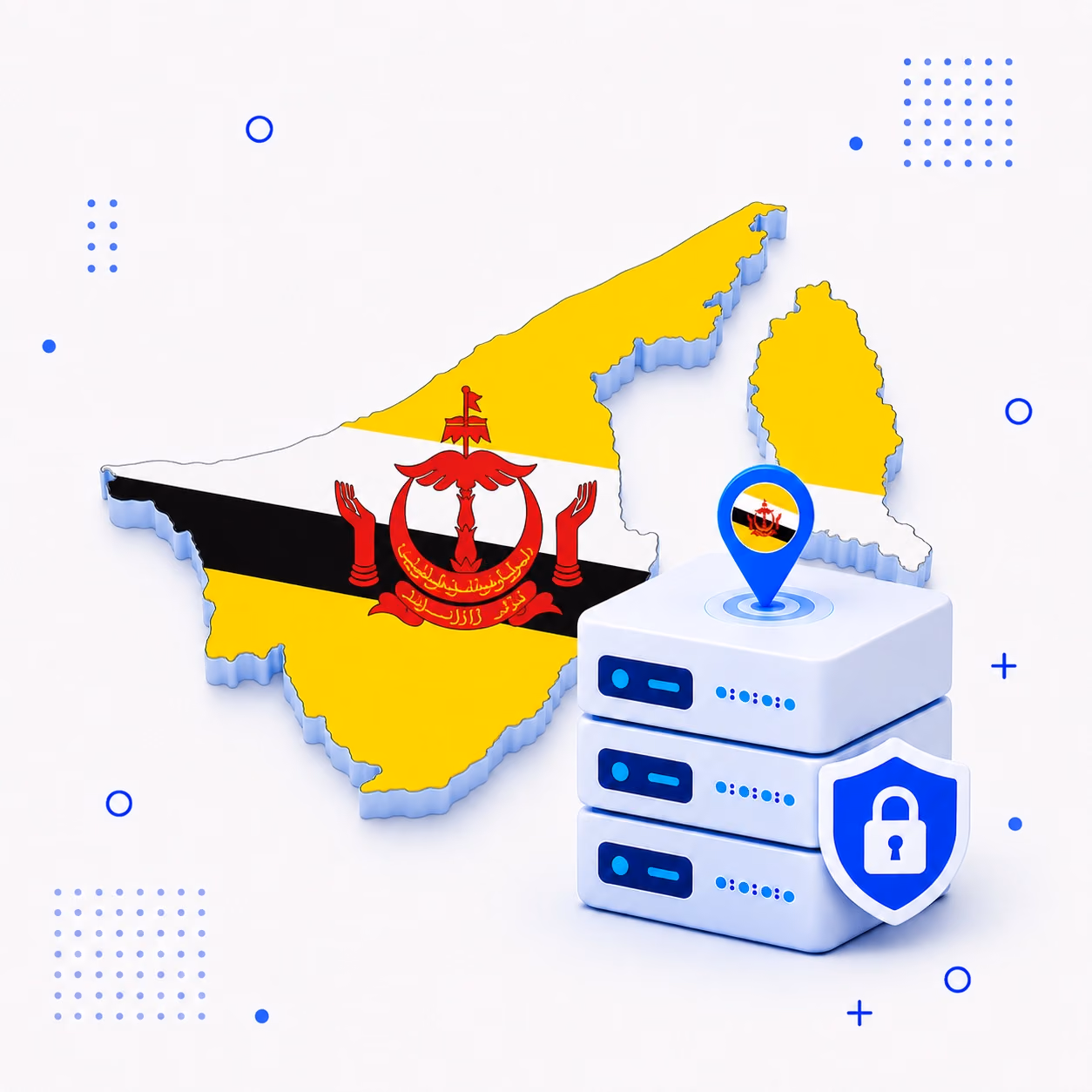 VPN for Brunei Three-dimensional map of Brunei in national colors next to secure VPN servers and a shield