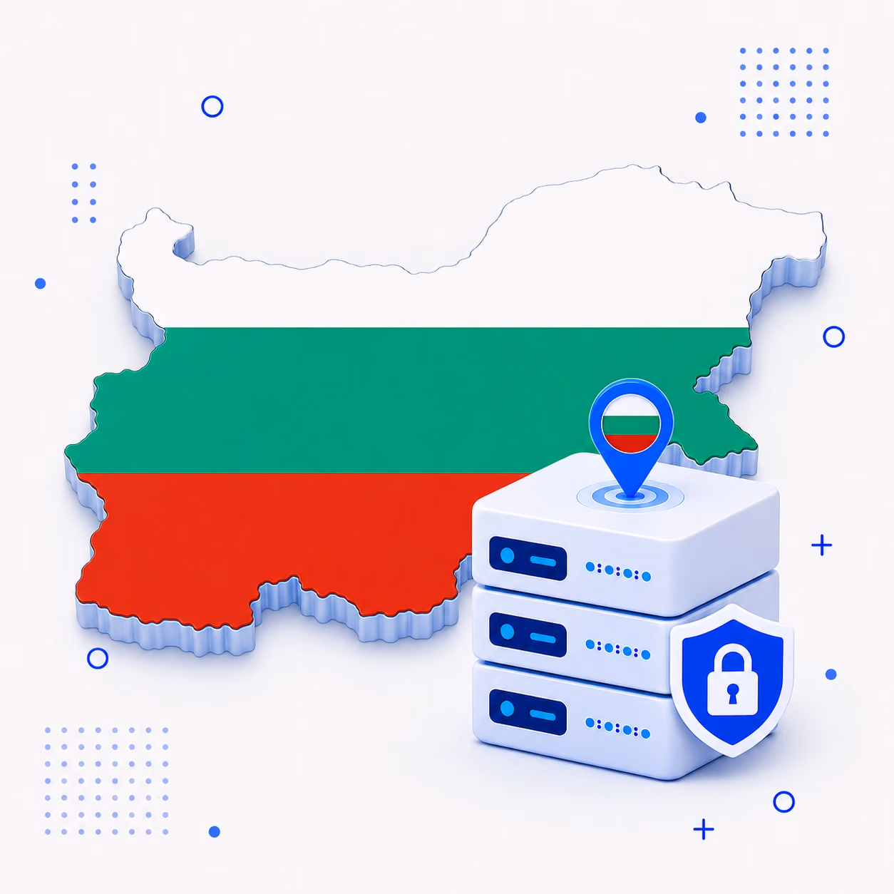 VPN for Bulgaria Three-dimensional Bulgaria map in white green and red beside encrypted VPN server equipment