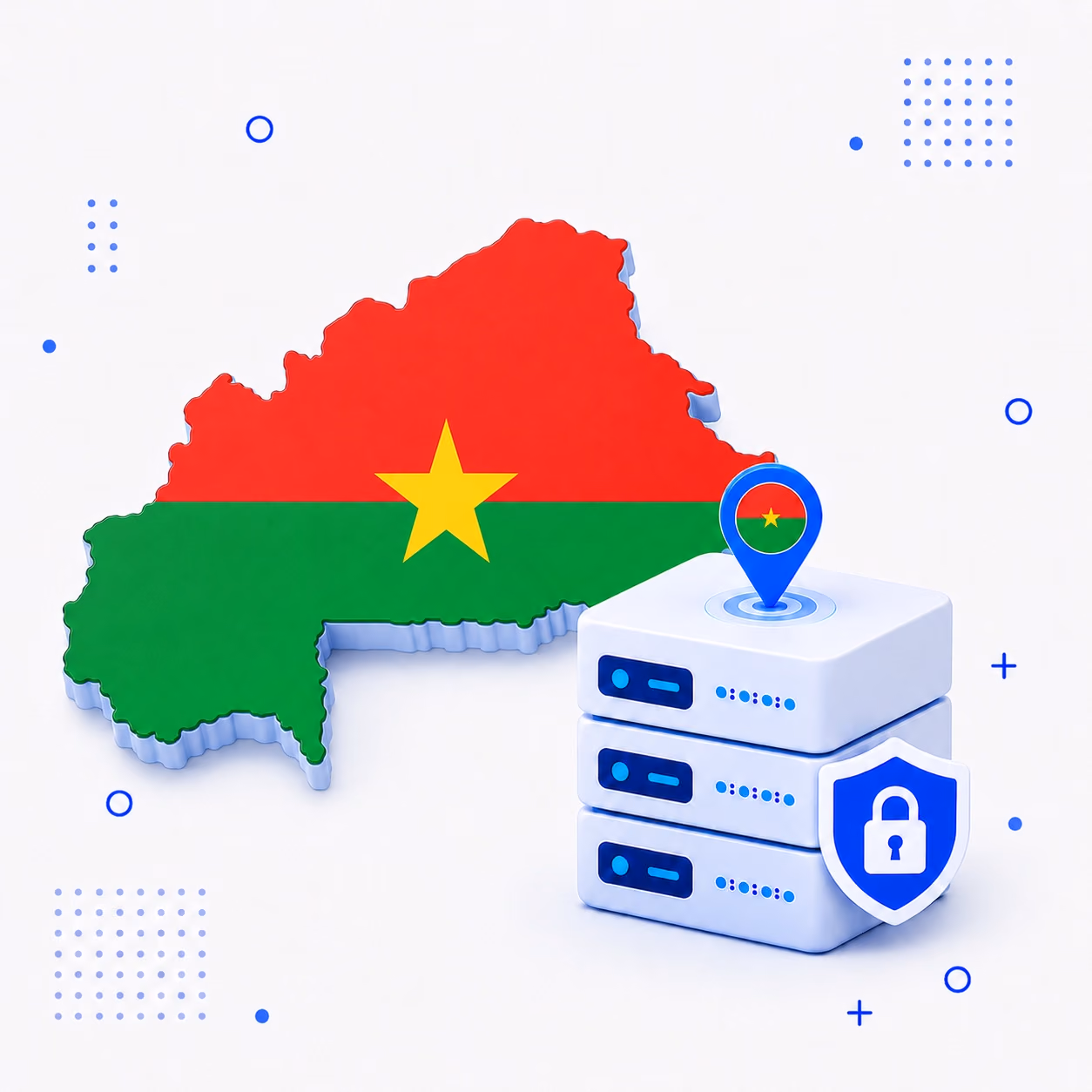 VPN for Burkina Faso Three-dimensional map of Burkina Faso in red green and yellow beside secure VPN servers