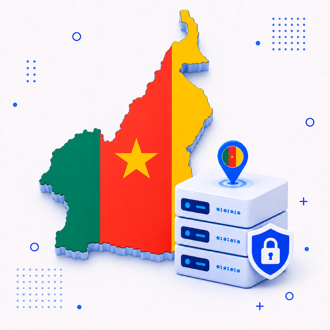 Three-dimensional Cameroon map in green red and yellow beside protected VPN server hardware