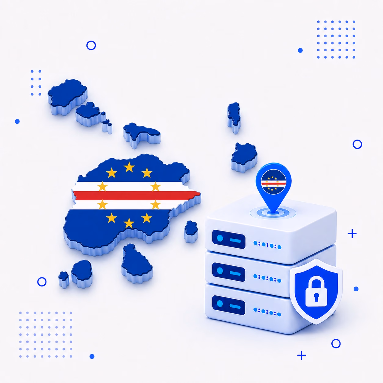 Three-dimensional Cape Verde islands in national colors beside protected VPN server equipment