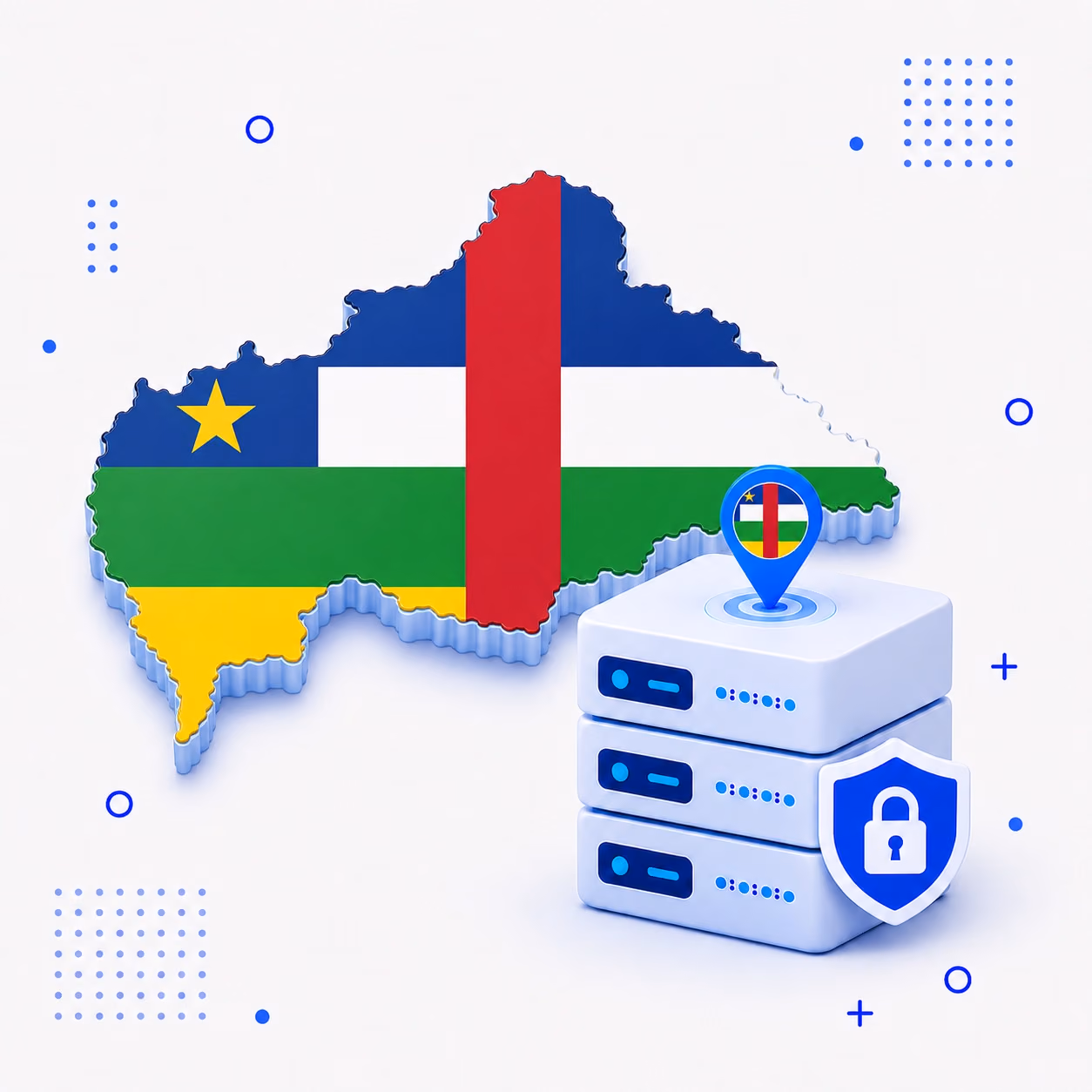 Three-dimensional Central African Republic map in national flag colors beside secure VPN servers