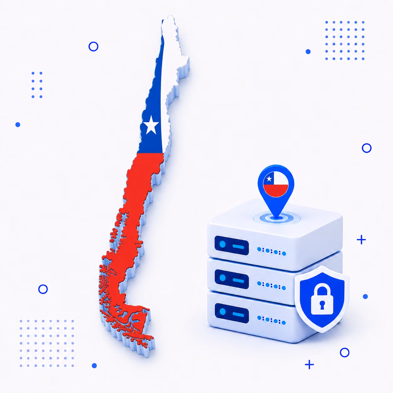 Three-dimensional Chile map in red white and blue beside secure VPN servers and a privacy shield