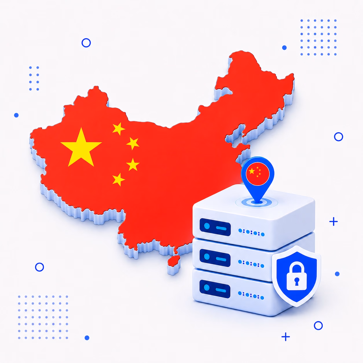 VPN for China Three-dimensional map of China in red with yellow stars beside protected VPN server equipment
