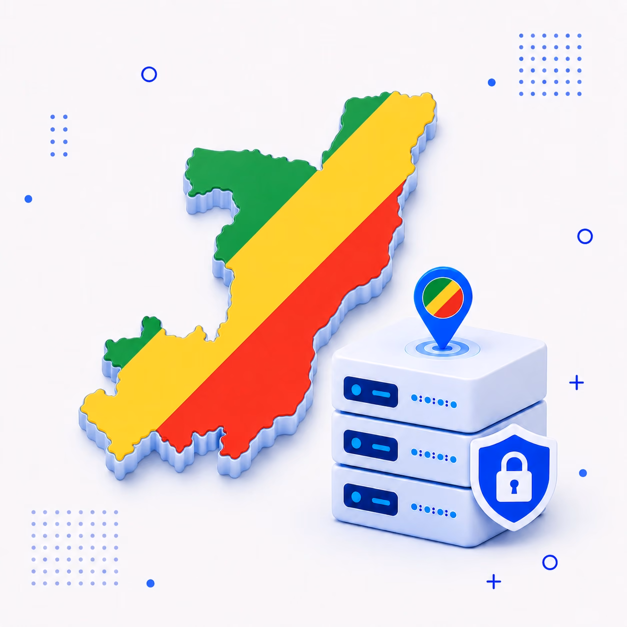Three-dimensional Congo map in green yellow and red beside encrypted VPN servers