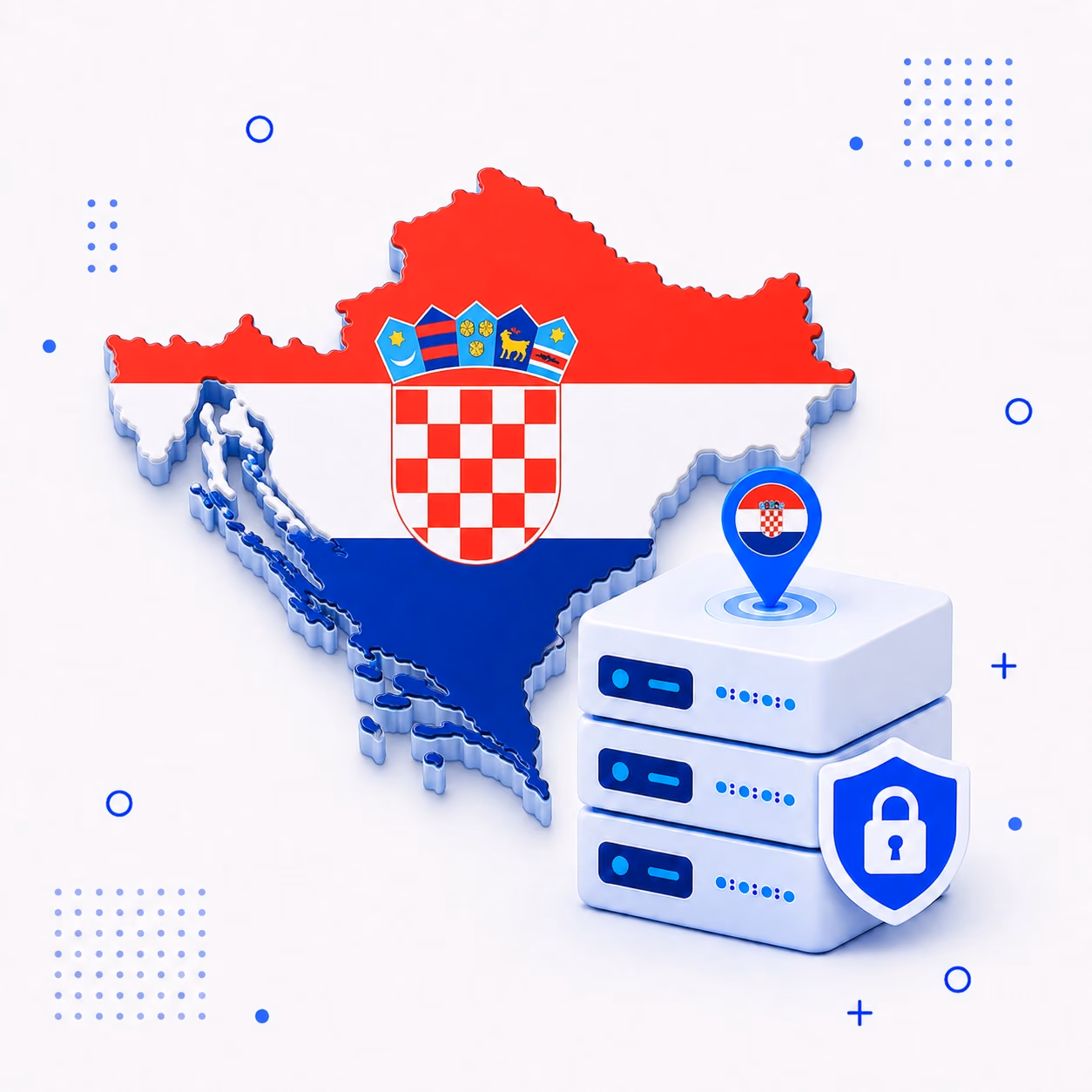 Three-dimensional Croatia map in red white and blue beside encrypted VPN server equipment