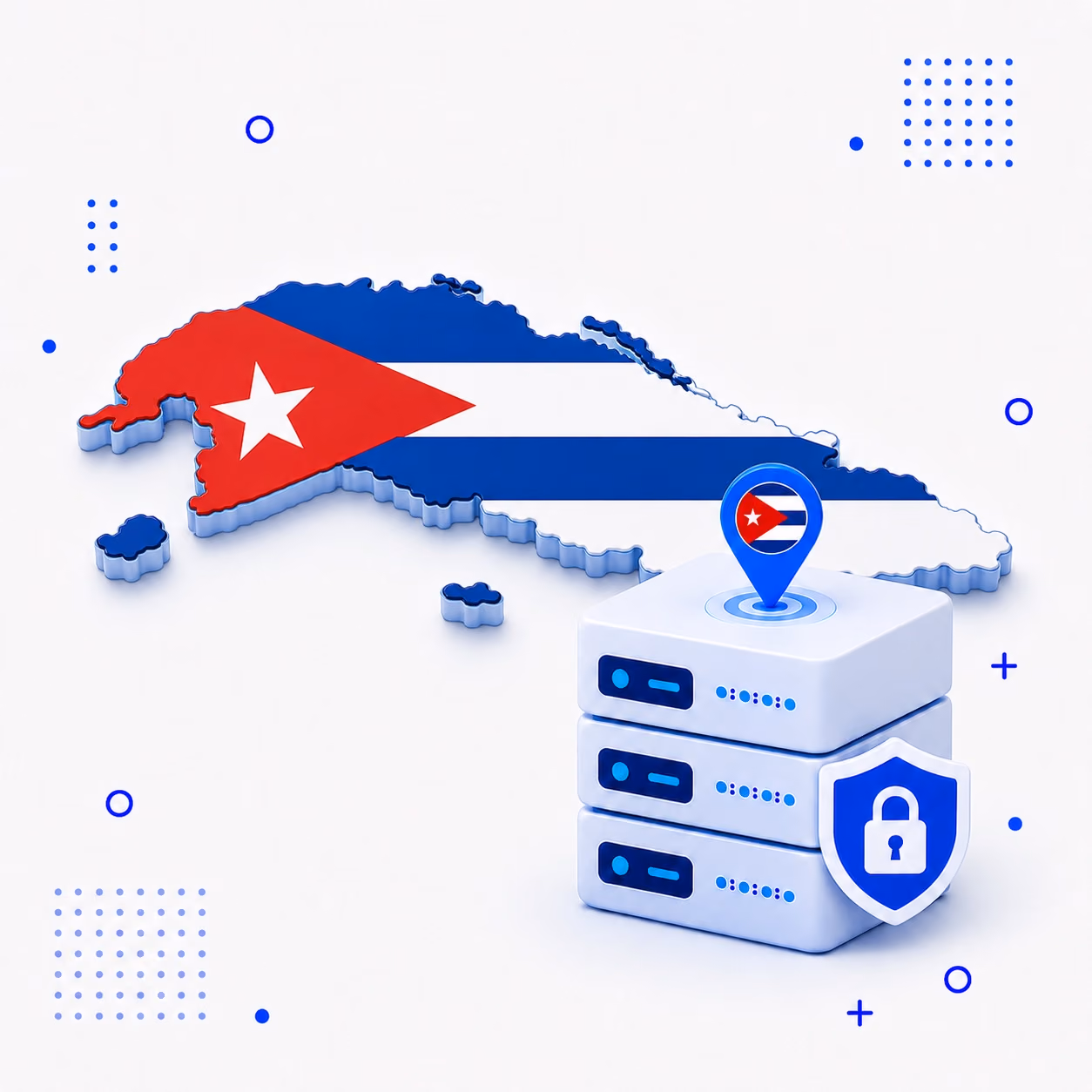 Three-dimensional map of Cuba in blue white and red beside protected VPN server equipment