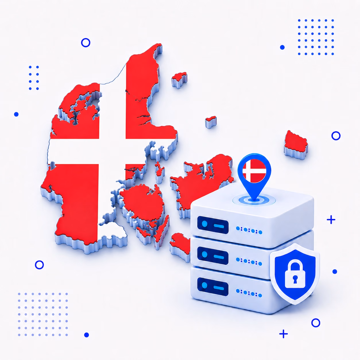 Three-dimensional map of Denmark in red and white beside protected VPN servers and a lock shield