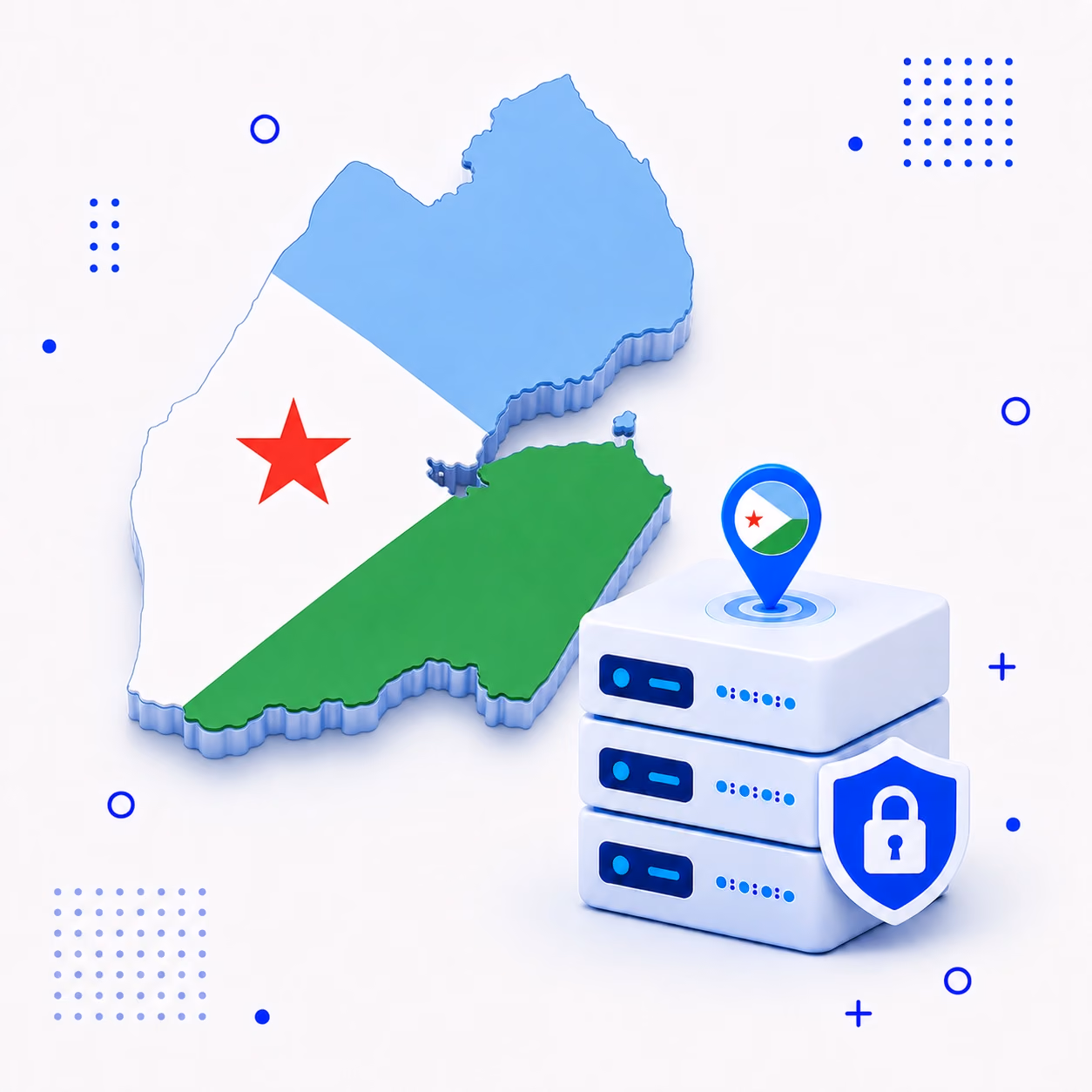 VPN for Djibouti Three-dimensional map of Djibouti in light blue green white and red beside secure VPN server equipment
