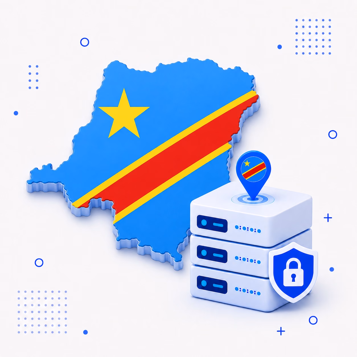 Three-dimensional map of the Democratic Republic of the Congo in blue red and yellow beside protected VPN server equipment