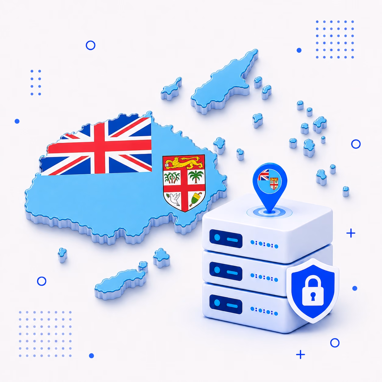 VPN for Fiji Three-dimensional map of Fiji in light blue red and white beside secure VPN server equipment
