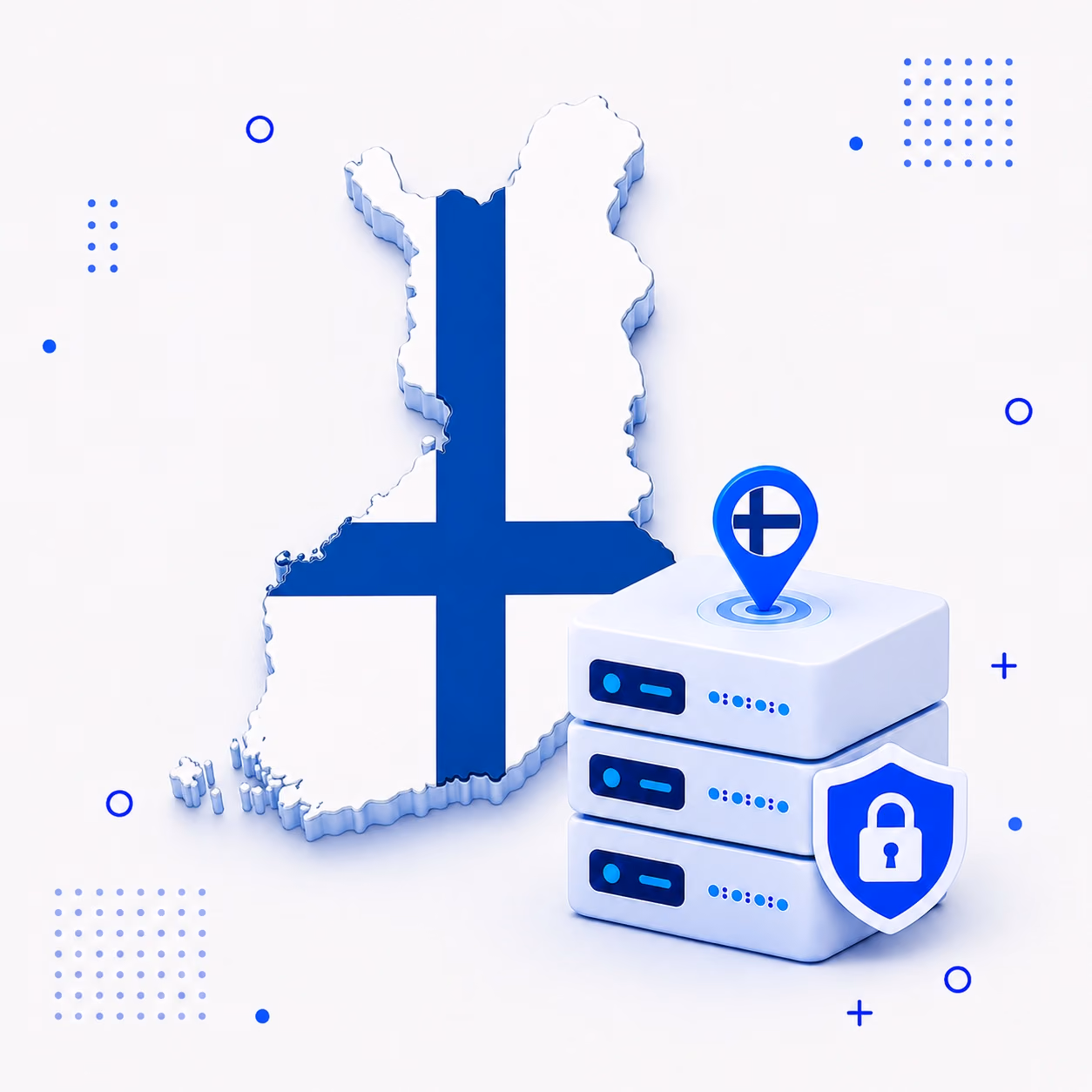 Three-dimensional map of Finland in blue and white beside protected VPN servers and a lock shield