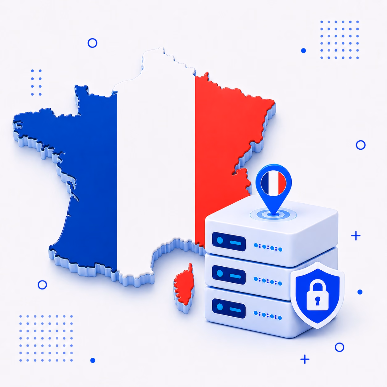 VPN for France Three-dimensional map of France in blue white and red beside secure white VPN servers and a blue shield
