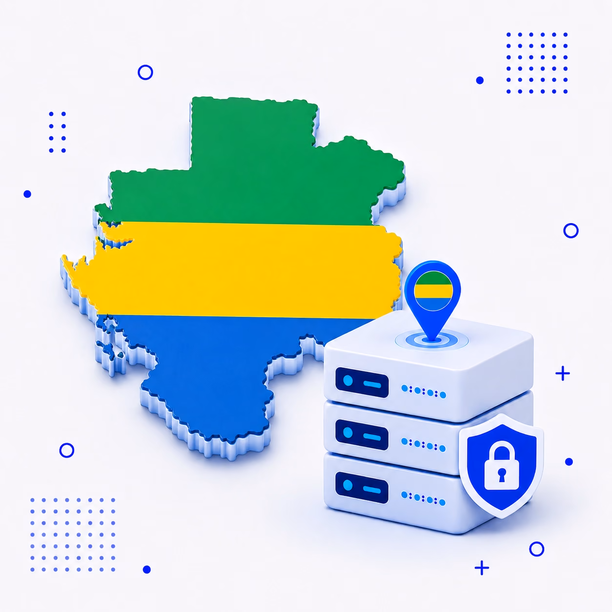 VPN for Gabon Three-dimensional map of Gabon in green yellow and blue beside secure VPN servers and a lock shield