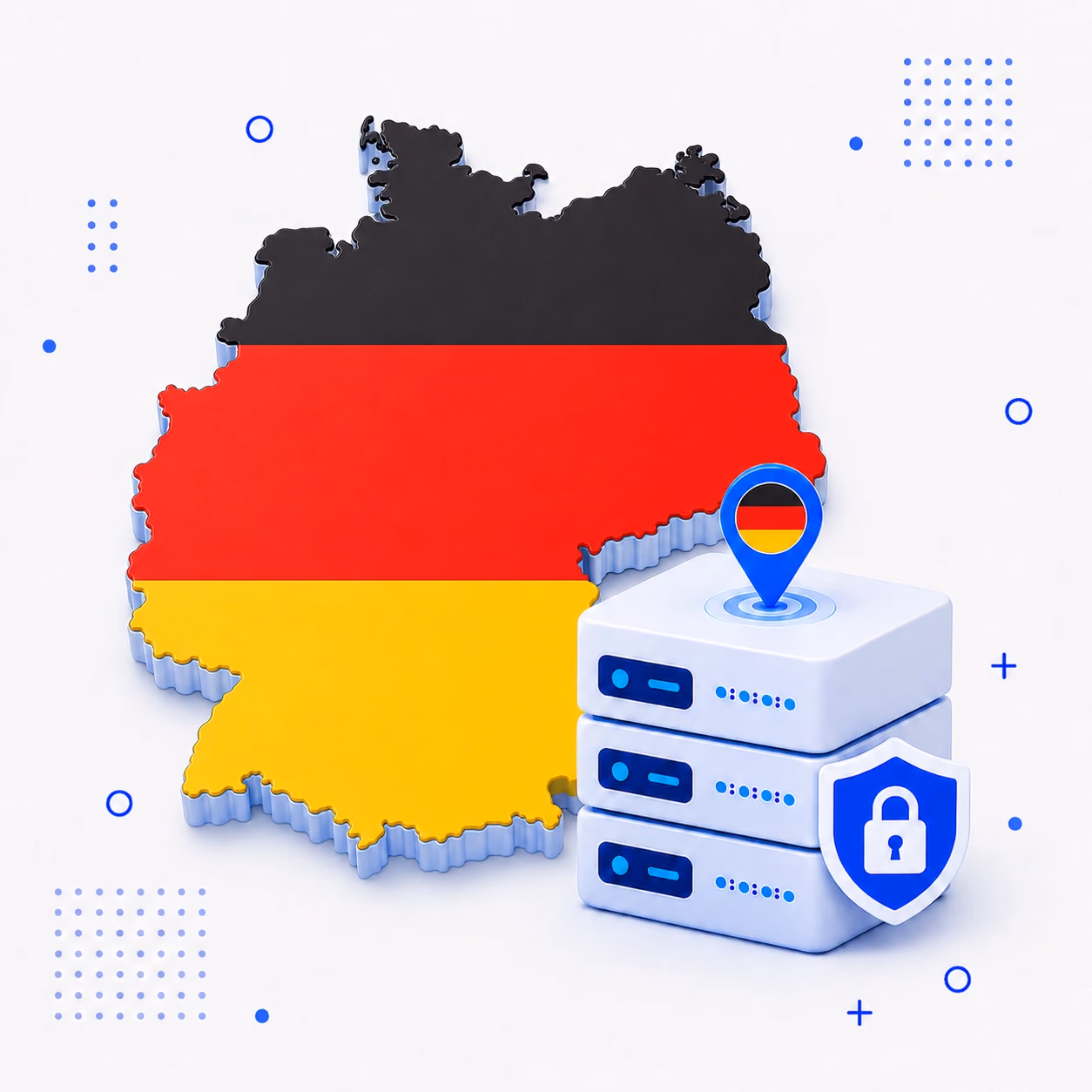 Three-dimensional map of Germany in black red and gold beside protected VPN servers and a lock shield