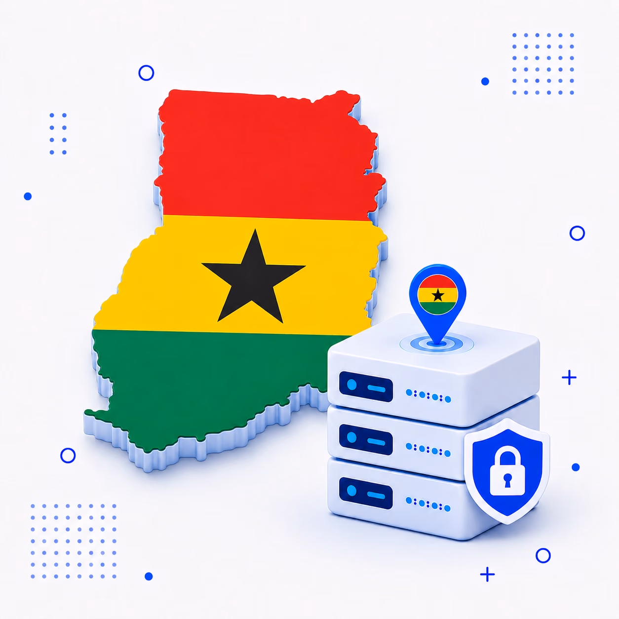 Three-dimensional map of Ghana in red yellow green and black beside secure white VPN servers and a blue shield