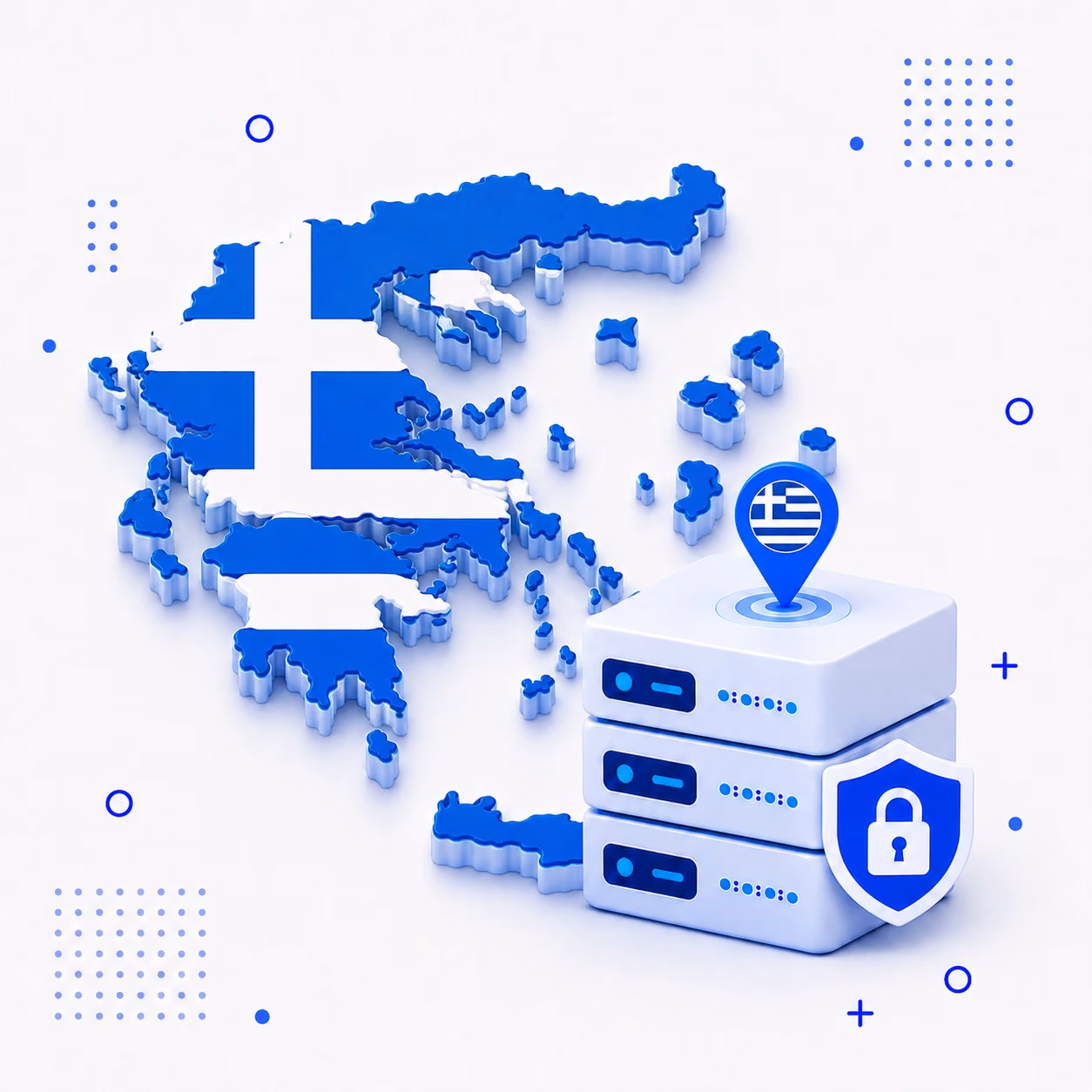 Three-dimensional map of Greece in blue and white beside secure VPN servers and a lock shield