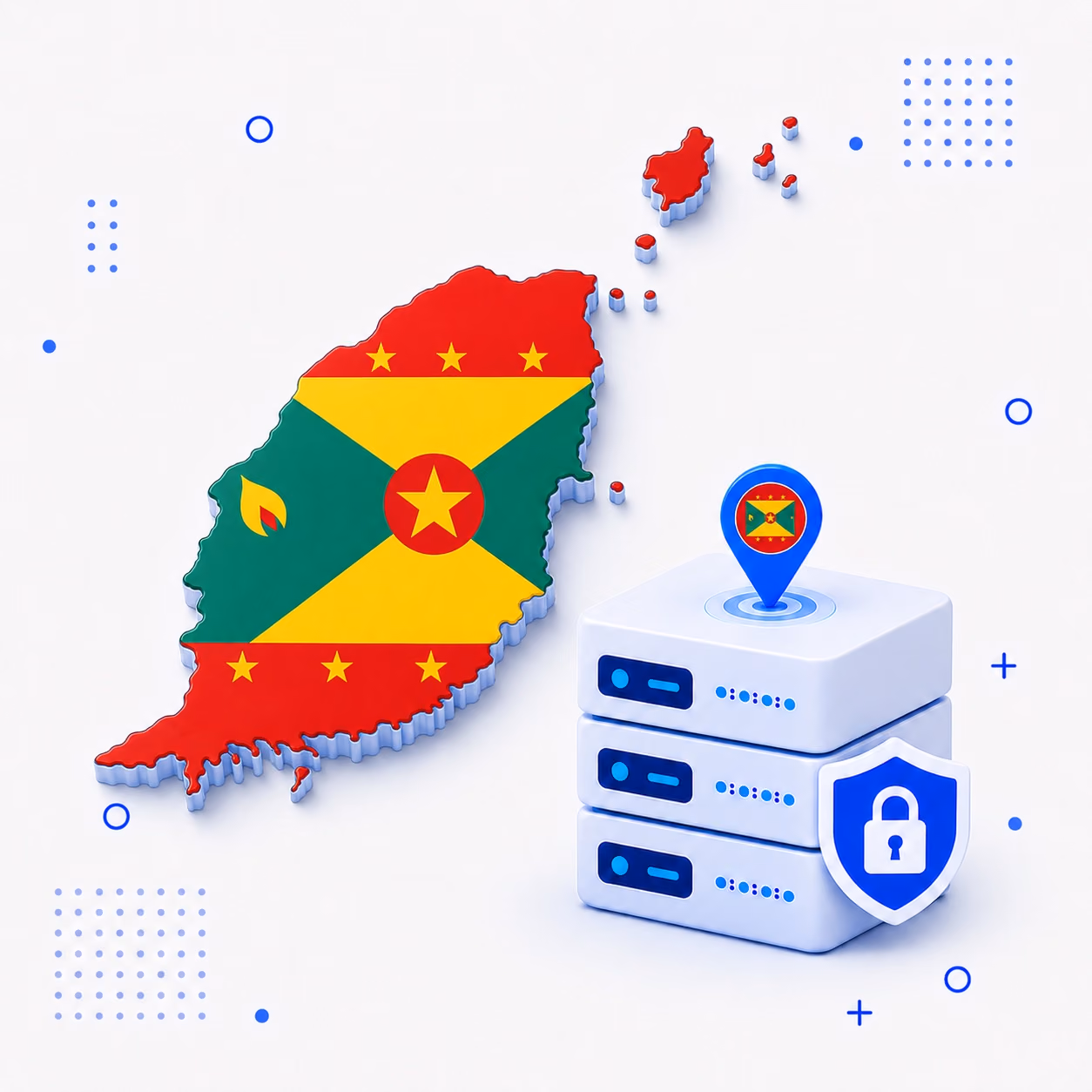 Three-dimensional map of Grenada in red yellow and green beside protected VPN servers and a blue lock shield