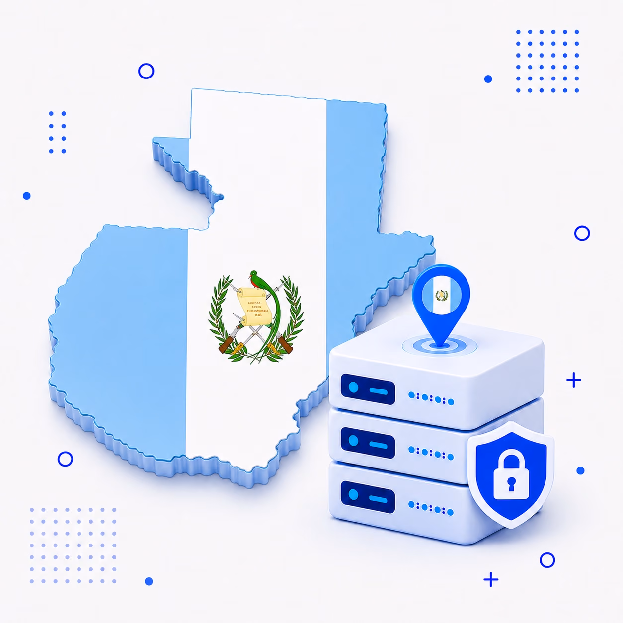 Three-dimensional map of Guatemala in blue and white beside secure VPN servers and a privacy shield