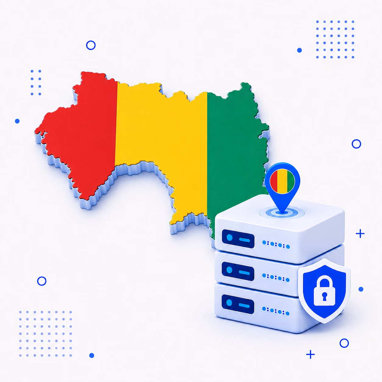 VPN for Guinea Three-dimensional map of Guinea in red yellow and green beside protected VPN servers and a blue lock shield