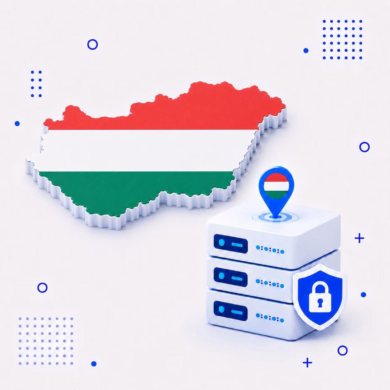 VPN for Hungary Three-dimensional map of Hungary in red white and green beside protected VPN servers and a blue shield