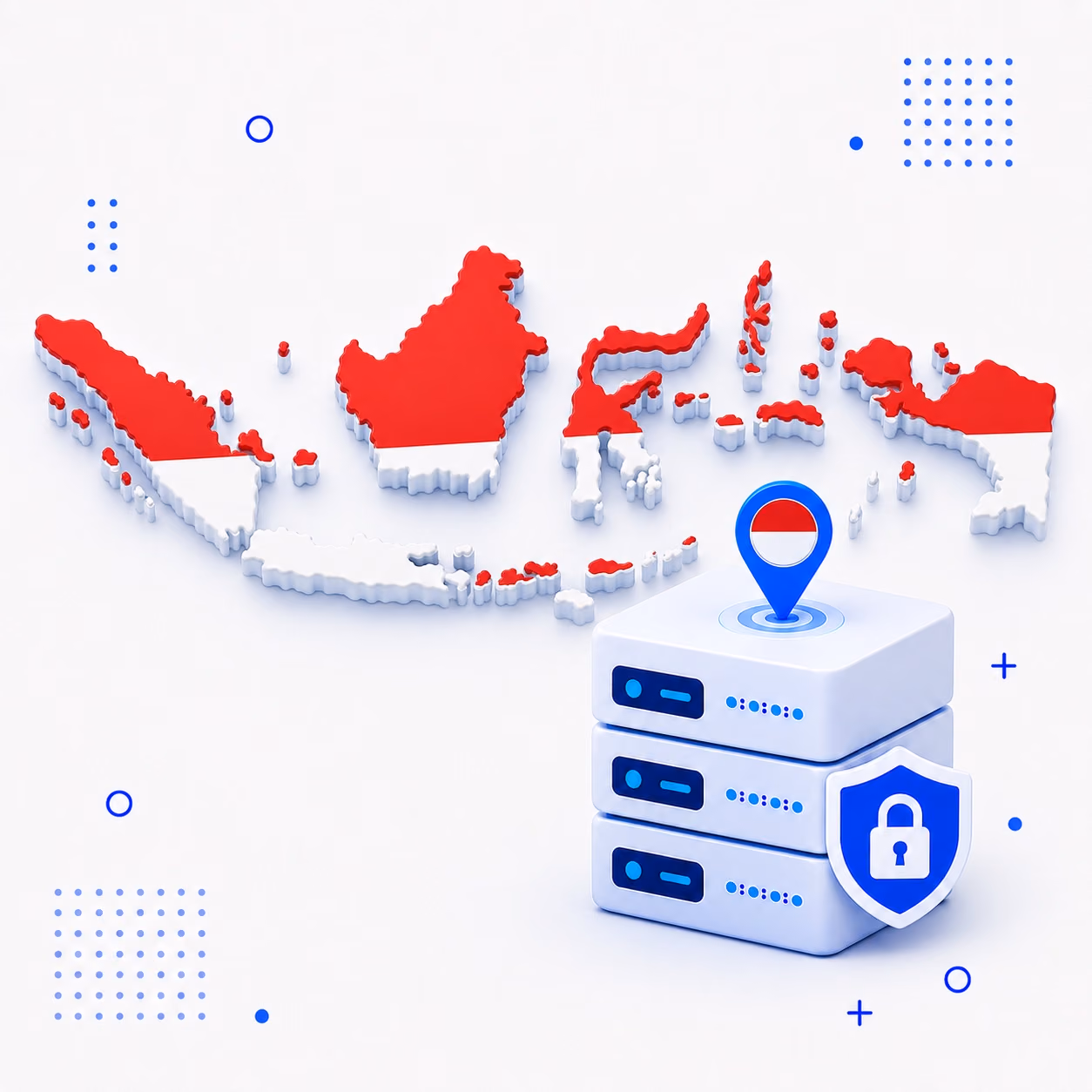 VPN for Indonesia Three-dimensional map of Indonesia in red and white beside protected VPN servers and a blue privacy shield