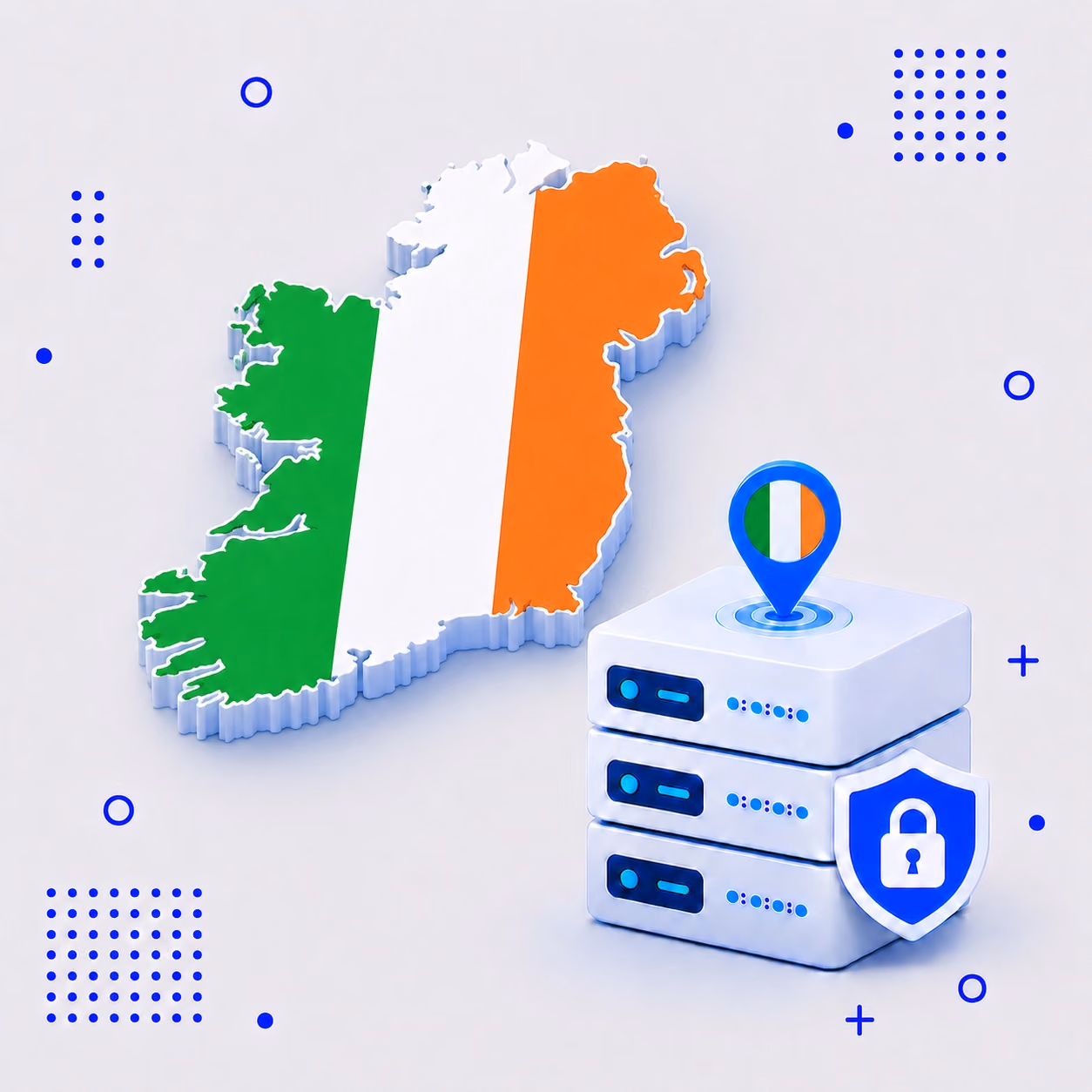 Three-dimensional map of Ireland in green white and orange beside secure VPN servers and a lock shield