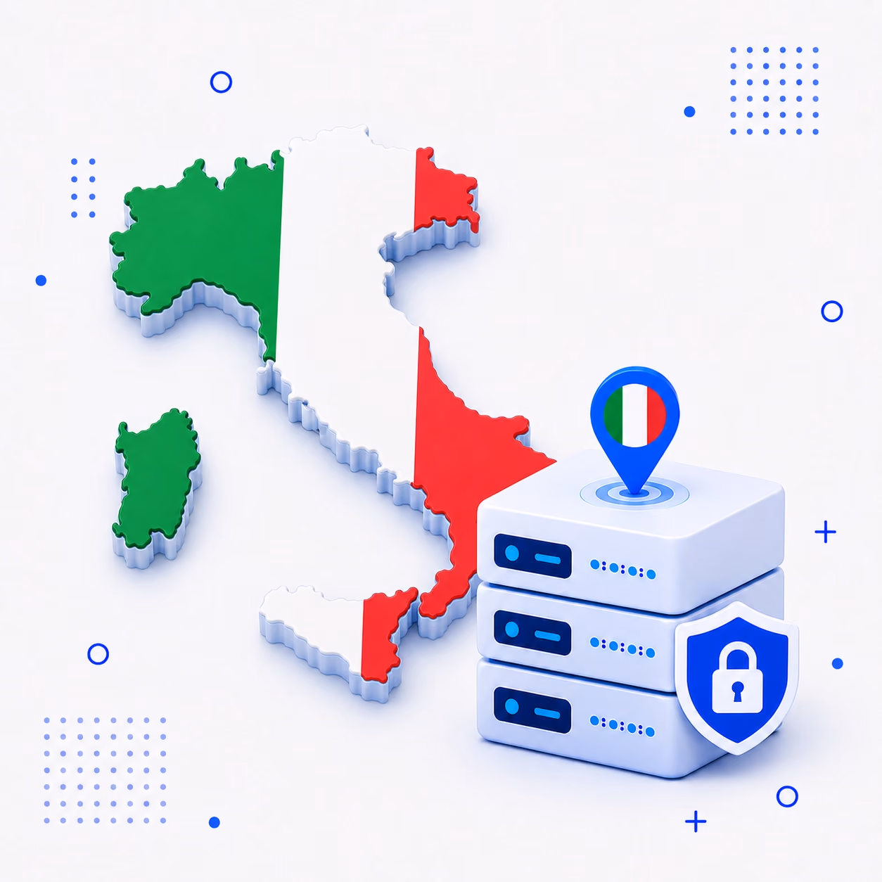 Three-dimensional map of Italy in green white and red beside protected VPN servers and a privacy shield