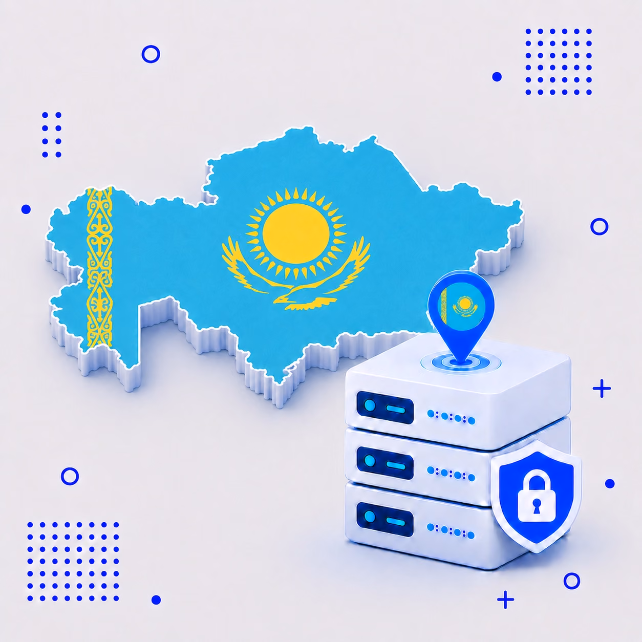3D map of Kazakhstan in national flag colors with VPN servers and a privacy shield