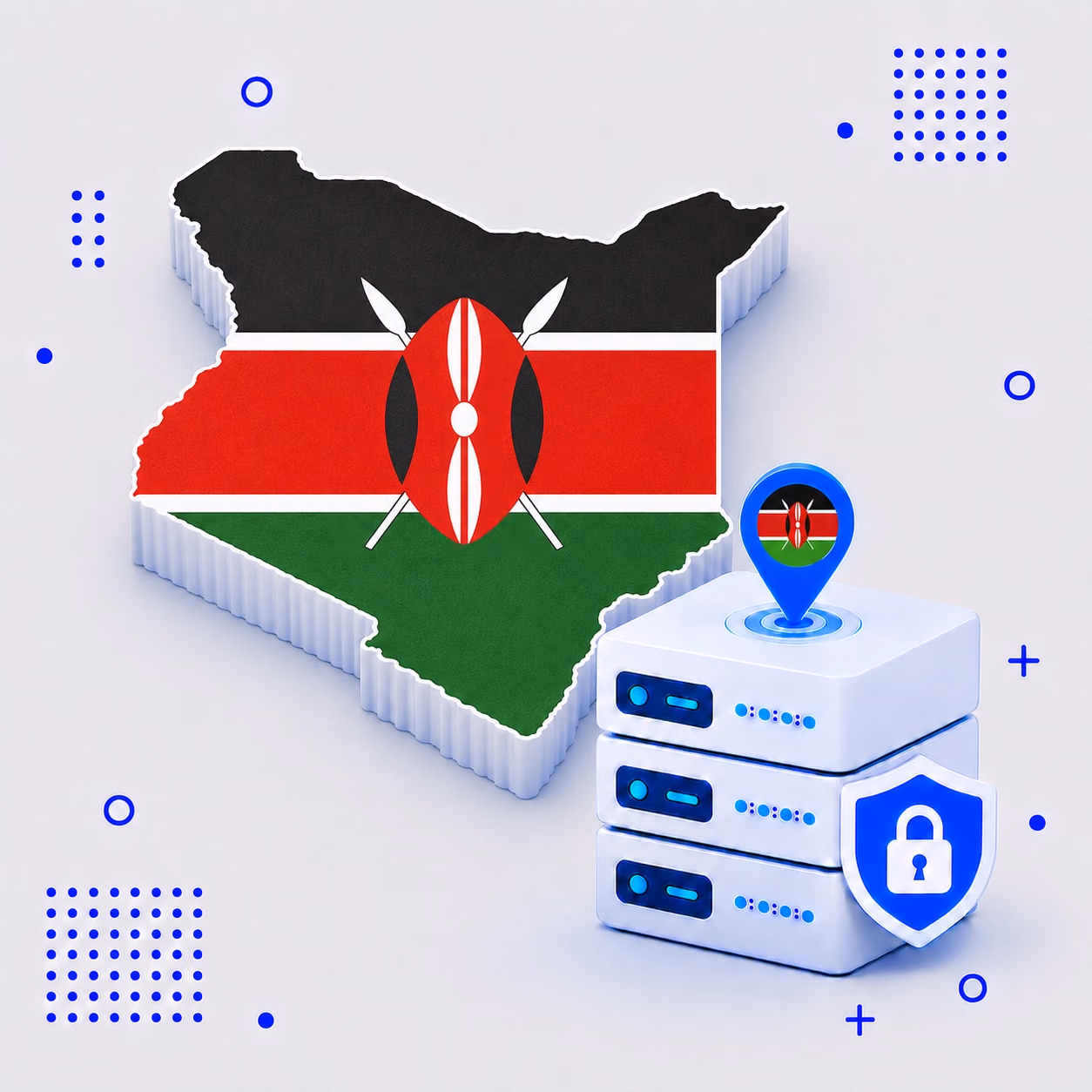 VPN for Kenya 3D map of Kenya in national flag colors beside encrypted VPN infrastructure