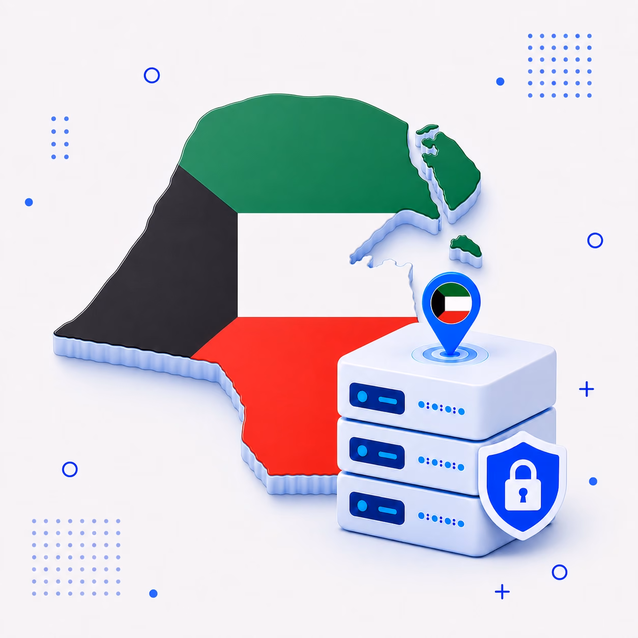 3D map of Kuwait in national flag colors beside VPN servers and a secure shield