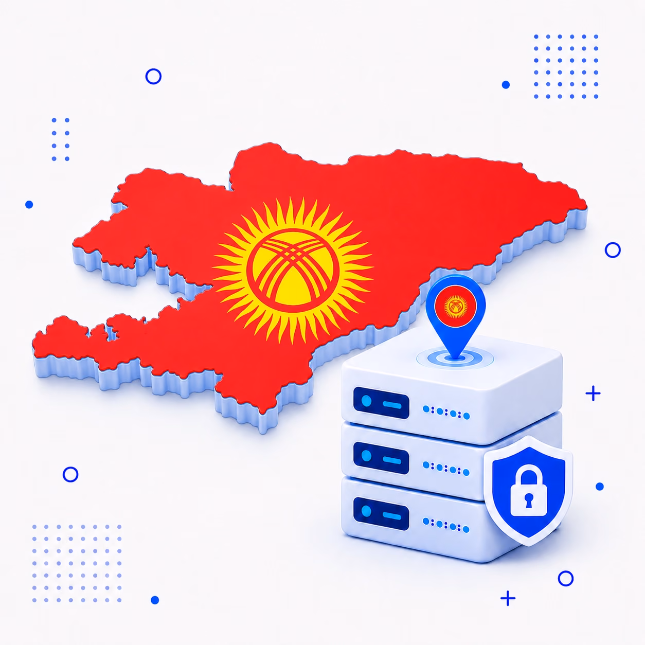 3D map of Kyrgyzstan in national flag colors with protected VPN servers