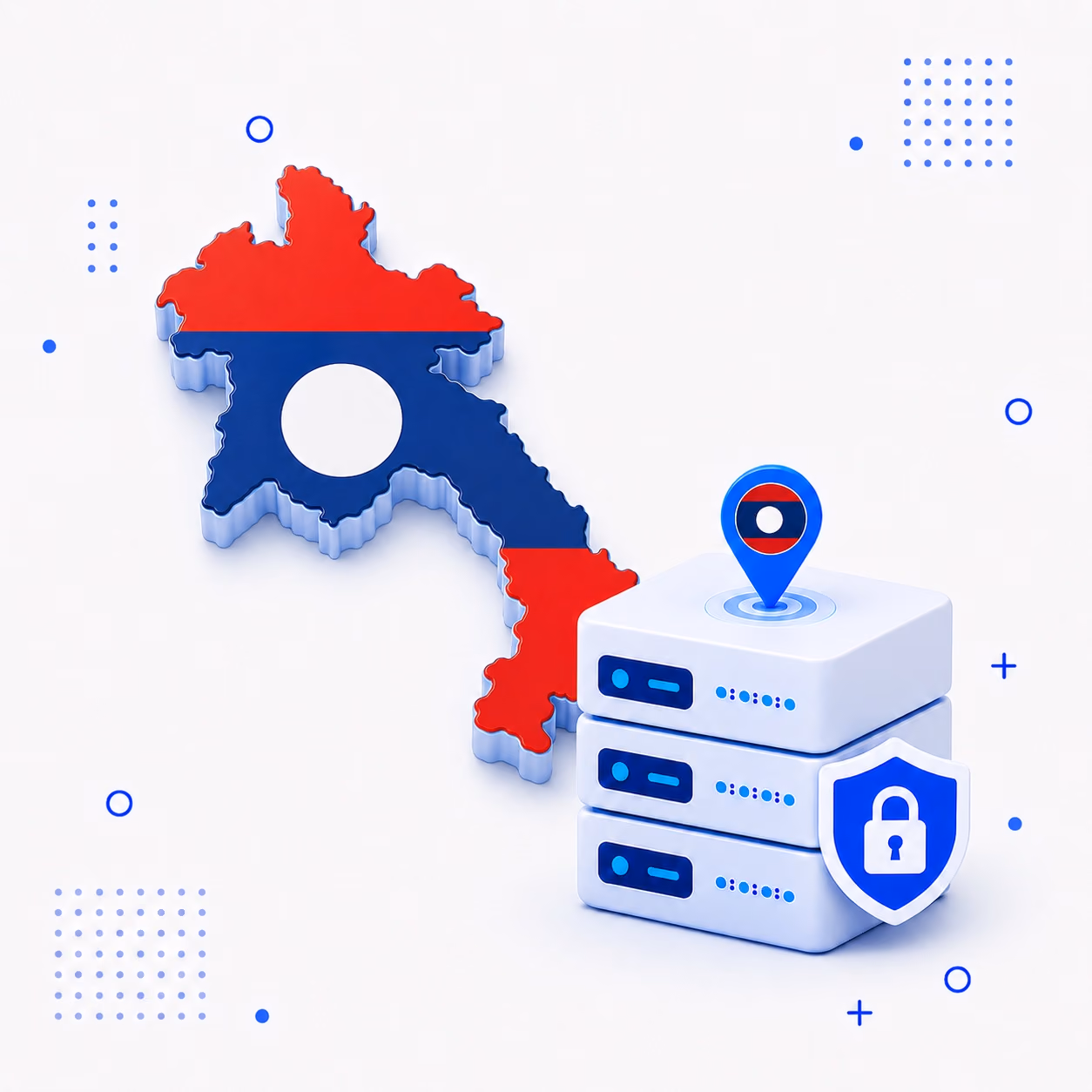 3D map of Laos in national flag colors beside encrypted VPN hardware and a shield