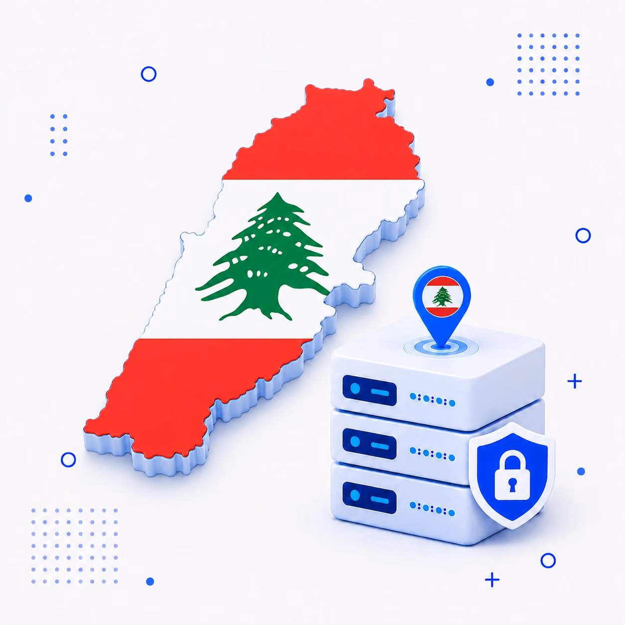 3D map of Lebanon in national flag colors beside encrypted VPN servers and a shield