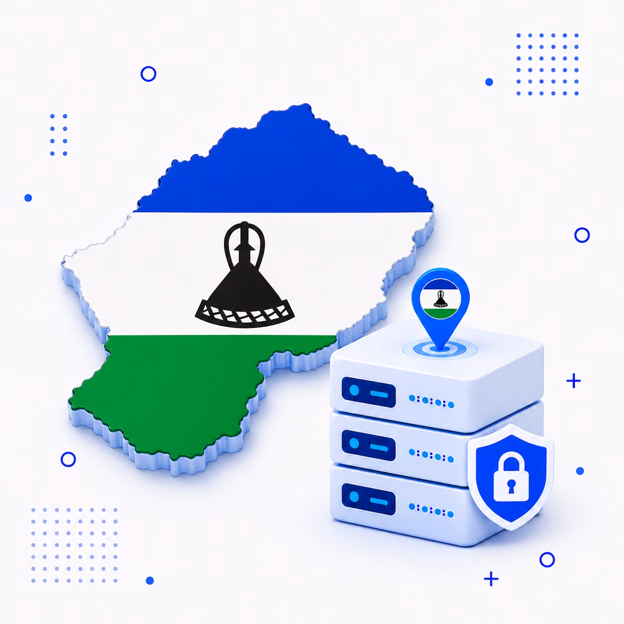 3D map of Lesotho in national flag colors with VPN servers and a privacy shield