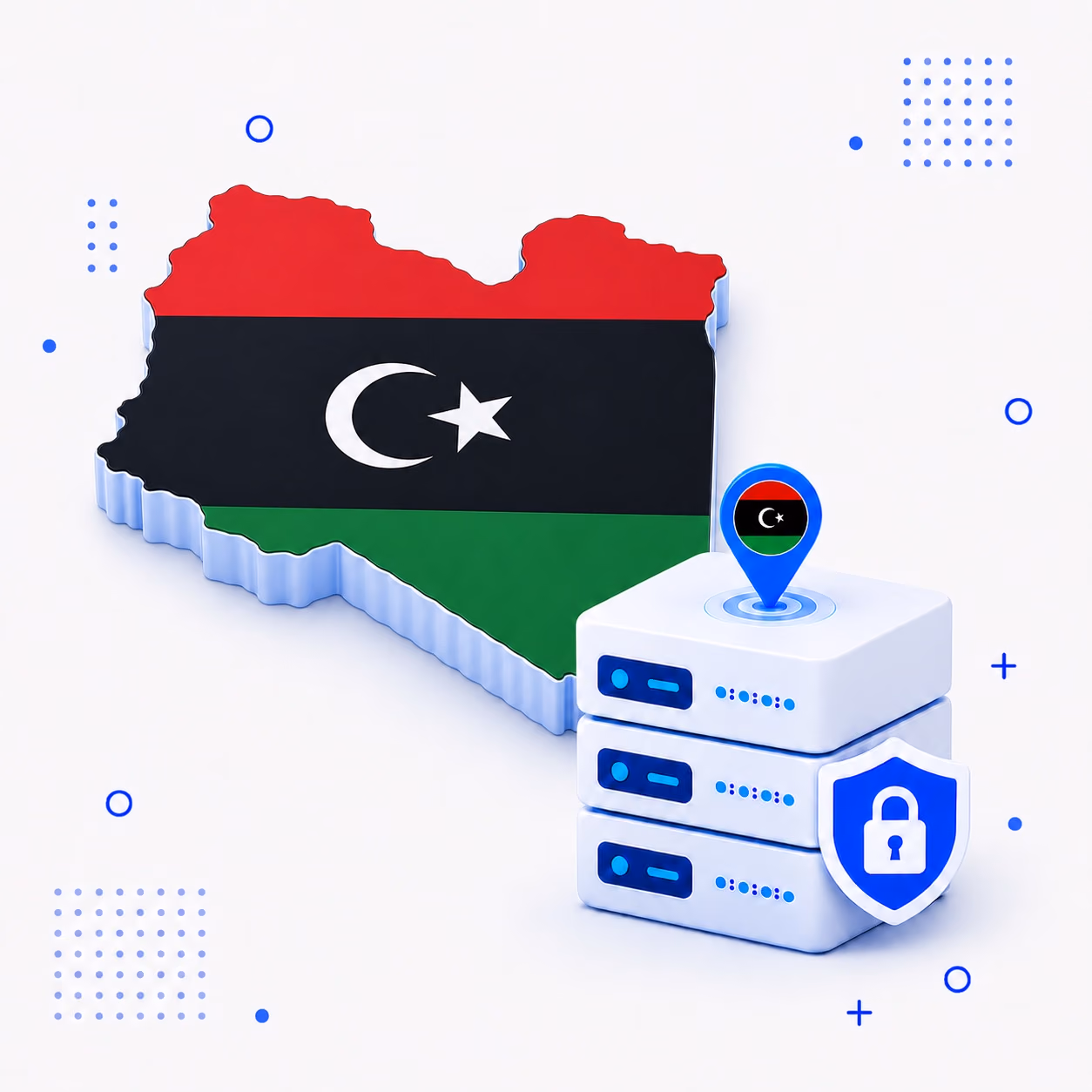 3D map of Libya in national flag colors with encrypted VPN hardware and a shield