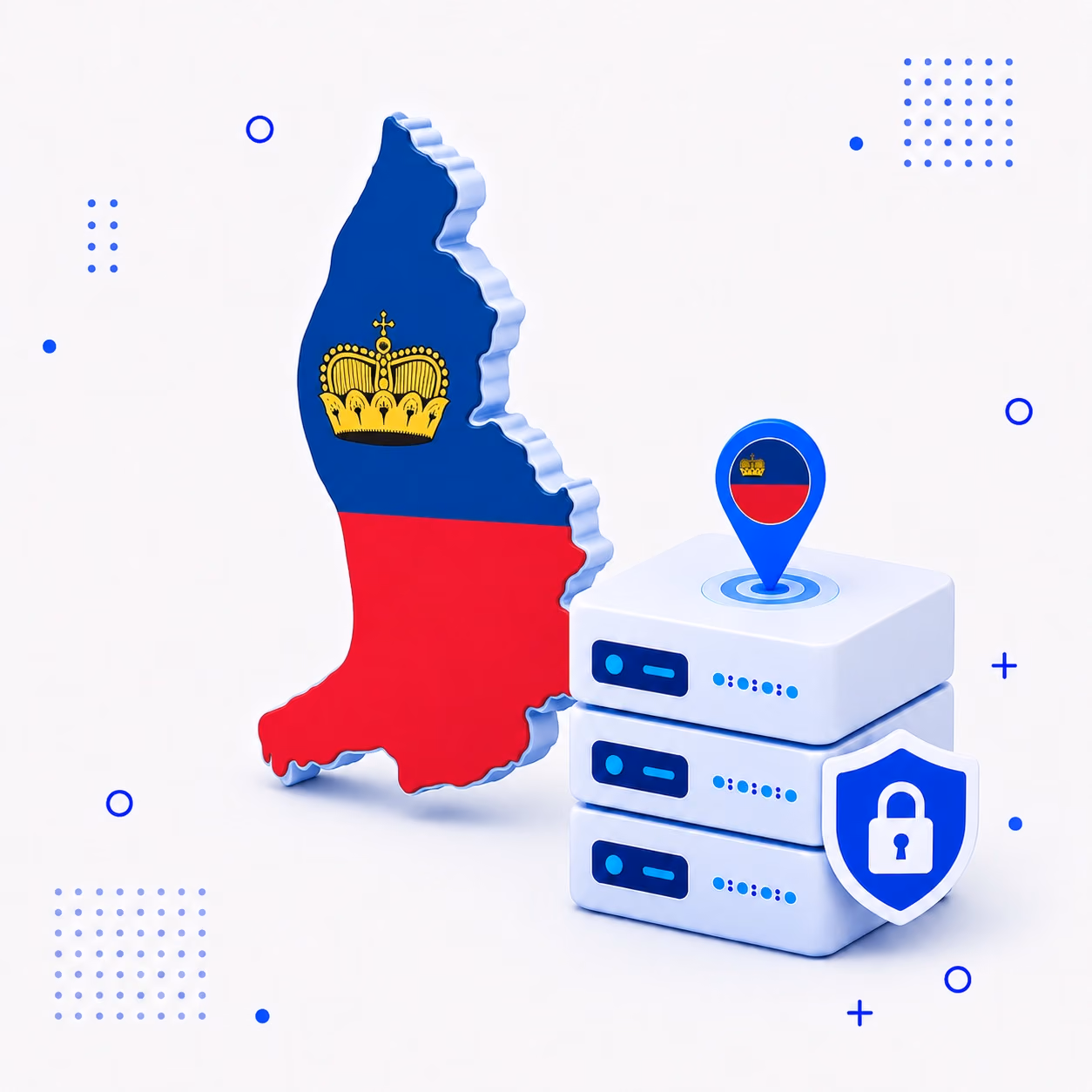 3D map of Liechtenstein in national flag colors beside secure VPN servers