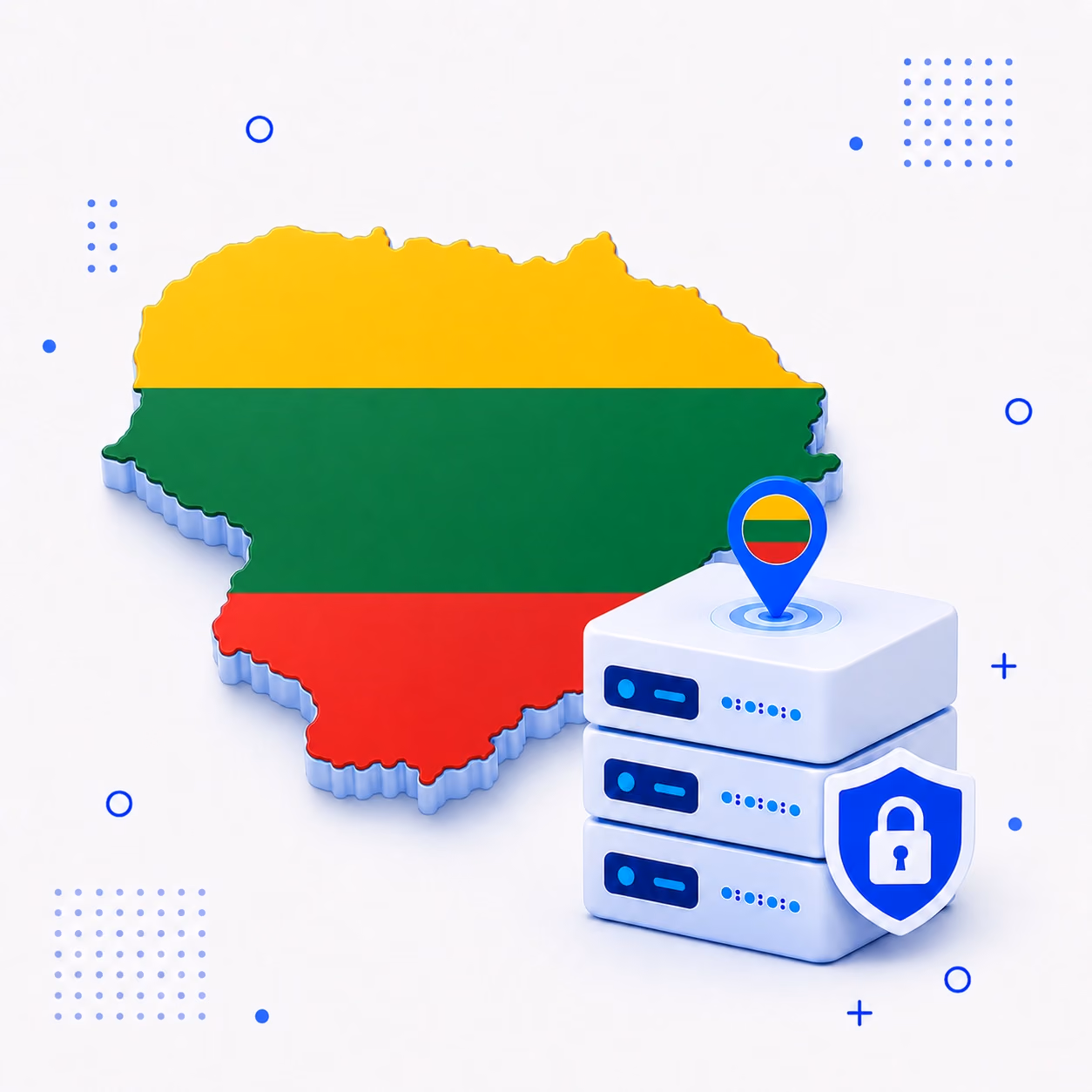 3D map of Lithuania in national flag colors beside encrypted VPN servers and a privacy shield